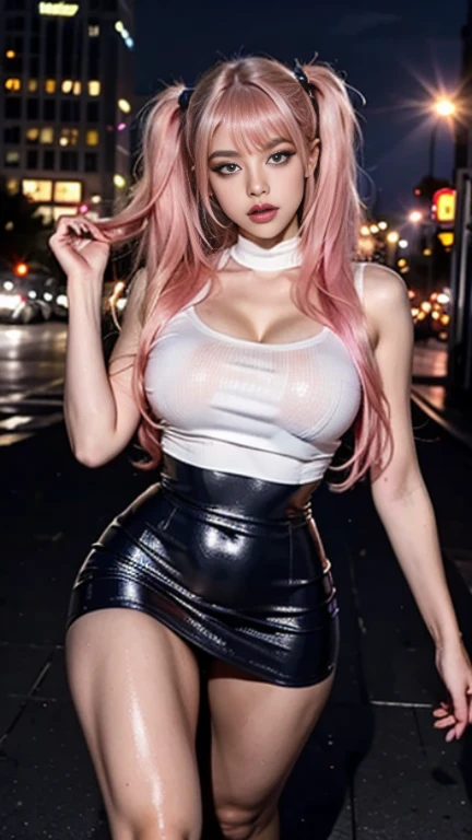 ulzzang-6500-v1.1,(raw photo:1.2), (photorealistic:1.4), beautiful detailed girl, extremely detailed eyes and face, beautiful detailed eyes,absurdres, incredibly absurdres, huge filesize , ultra-detailed, highres, extremely detailed,best quality ,masterpiece, illustration, an extremely delicate and beautiful, extremely detailed ,CG ,unity ,8k wallpaper, Amazing, finely detail, masterpiece,best quality,official art,extremely detailed CG unity 8k wallpaper, light on face, cinematic lighting, long hair, striaght hair, floating hair,adjusting hair, pink hair, wide hips, thick thighs, outdoors,leg up ,high heels, f cup, (open shirt:1.4), cityscape, street, focus on face, crowd, night sky, night,running, rain, rainy, (wet:1.1) 1 girl, tight black leather mini skirt, big ass, cross legs, walking


