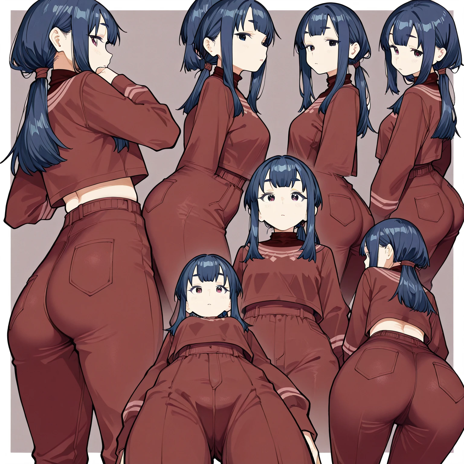 ((melhor qualidade)), ((obra de arte)), (detalhado), rosto perfeito, quadris largos e macios, focus on glutes, big, soft glutes, seios macios, seios lindos e marcados, back view, blusa banca, hidden hands, magra, shy, corada, em plano de fundo VAZIO, with medium breasts, linda, duplo v, black pants, vergonha, perky glutes, cabelo vermelho, olhar com vergonha, corada, sexy, sexy, nsfw