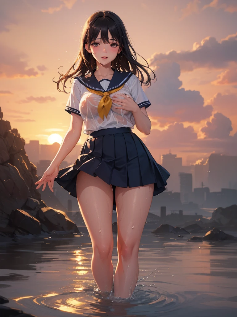 (Highest quality,4K,8K,High resolution,masterpiece:1.2),Very detailed, Realistic, photo-Realistic, clear, Professional Lighting, Beautiful Face, Highest quality, 超High resolution, Various colors, Bright colors, Break 5 High School Girl:2.0, skirt,Plaid, Pleats, Perfect female body,Big Ass, expensive, Mr.々Hair, loafers, From behind, one hand, Perfect Fingers:1.3, Perfect hands:1.3, Short sleeve,  Purple panties:1.5,See-through:1.8, Rear View, Beach, Dawn
