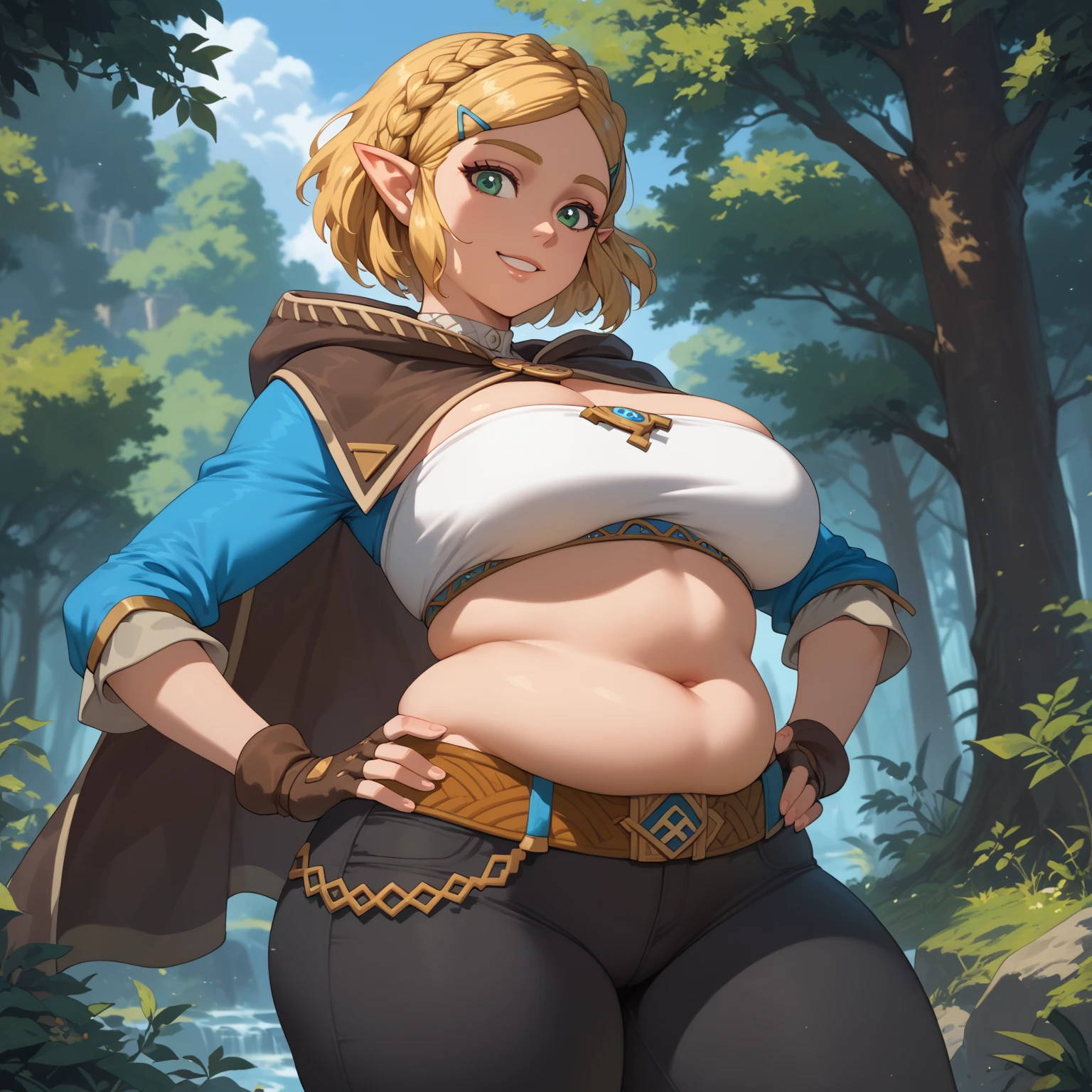 (best quality,4k,8k,highres,masterpiece:1.2), ultra-detailed, (realistic,photorealistic,photo-realistic:1.37), HDR, UHD, studio lighting, ultra-fine painting, sharp focus, physically-based rendering, extreme detail description, professional, vivid colors, bokeh, portraits, photography, (best quality,masterpiece:1.3), (mature woman, milf), (tall:1.2), anime, masterpiece, beautiful eyes, best quality, detailed face, 1girl, solo, beautiful, aazelda, short hair, crown braid, hairclip, pointy ears, brown cape, blue shirt, puffy sleeves, long sleeves, fingerless gloves, black gloves, black pants, tight pants, cowboy shot, huge breasts, huge belly, bloated belly, stuffed belly, plump, chubby, curvy, chubby girl, belly, big belly, fat belly, soft shading, detailed, semi-realistic, sciamano240