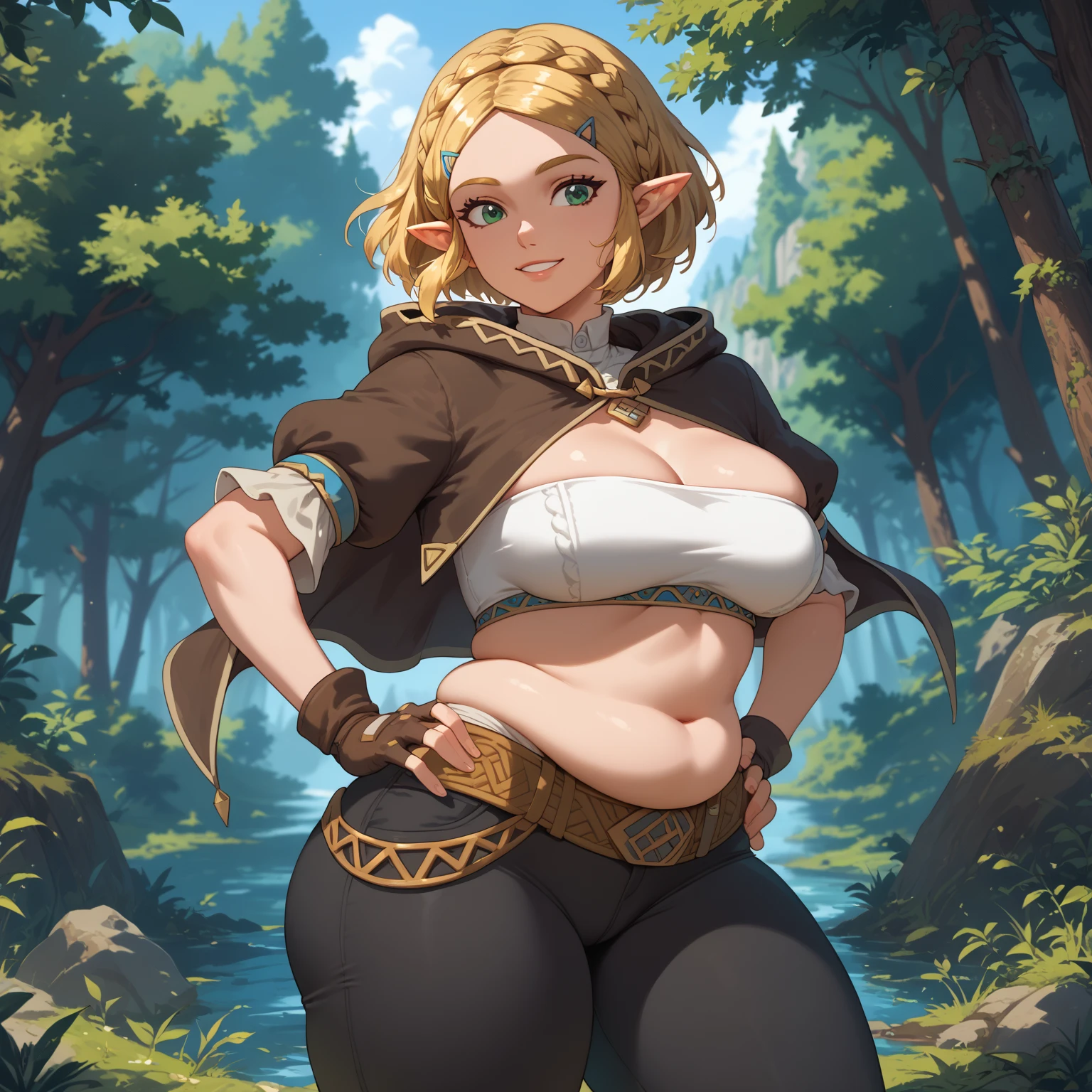 master-piece, bestquality, 1girls,16 years old, View viewers from front, HD, slight smile, big tits, cleavage, tights cloth, , tiny body, leaning forward, outdoor, mountain, wear glasses, under tits cleavage, look down, sweater, hands on kneels, stand up, aazelda, short hair, crown braid, hairclip, pointy ears, brown cape, blue shirt, puffy sleeves, long sleeves, fingerless gloves, black gloves, black pants, tight pants, large hips, 
