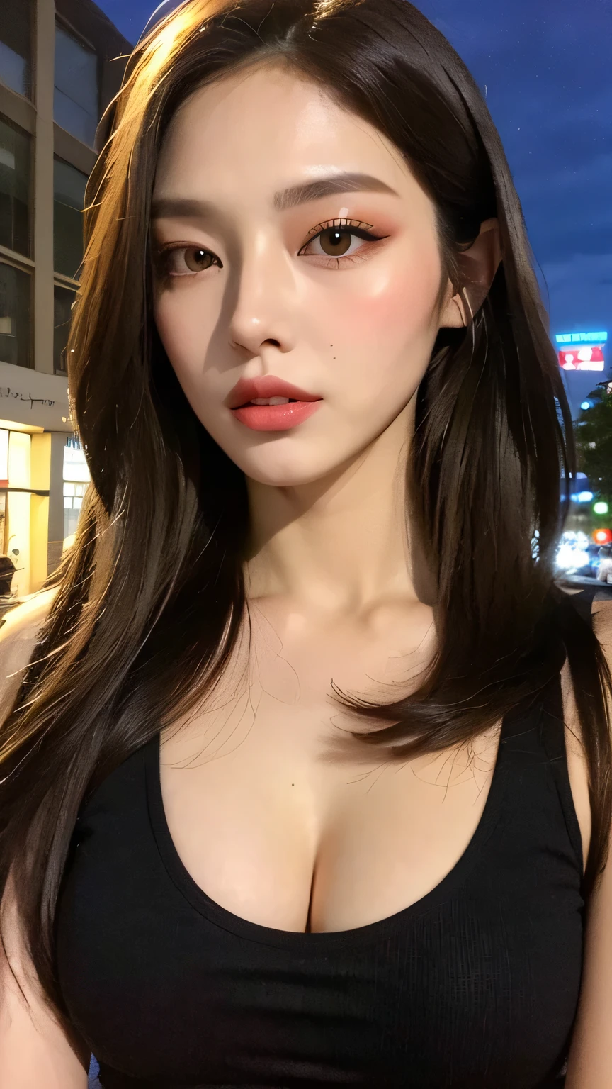 ((Best quality, 8k, Masterpiece :1.3)), Full body, Sharp focus: 1.2, Perfect Body Beauty: 1.4, Slim Abs: 1.2, ((Dark brown hair, Big breasts: 1.2)), Tank top dress: 1.1, (Street: 1.1), Highly detailed face and skin texture, detailed eyes, double eyelids