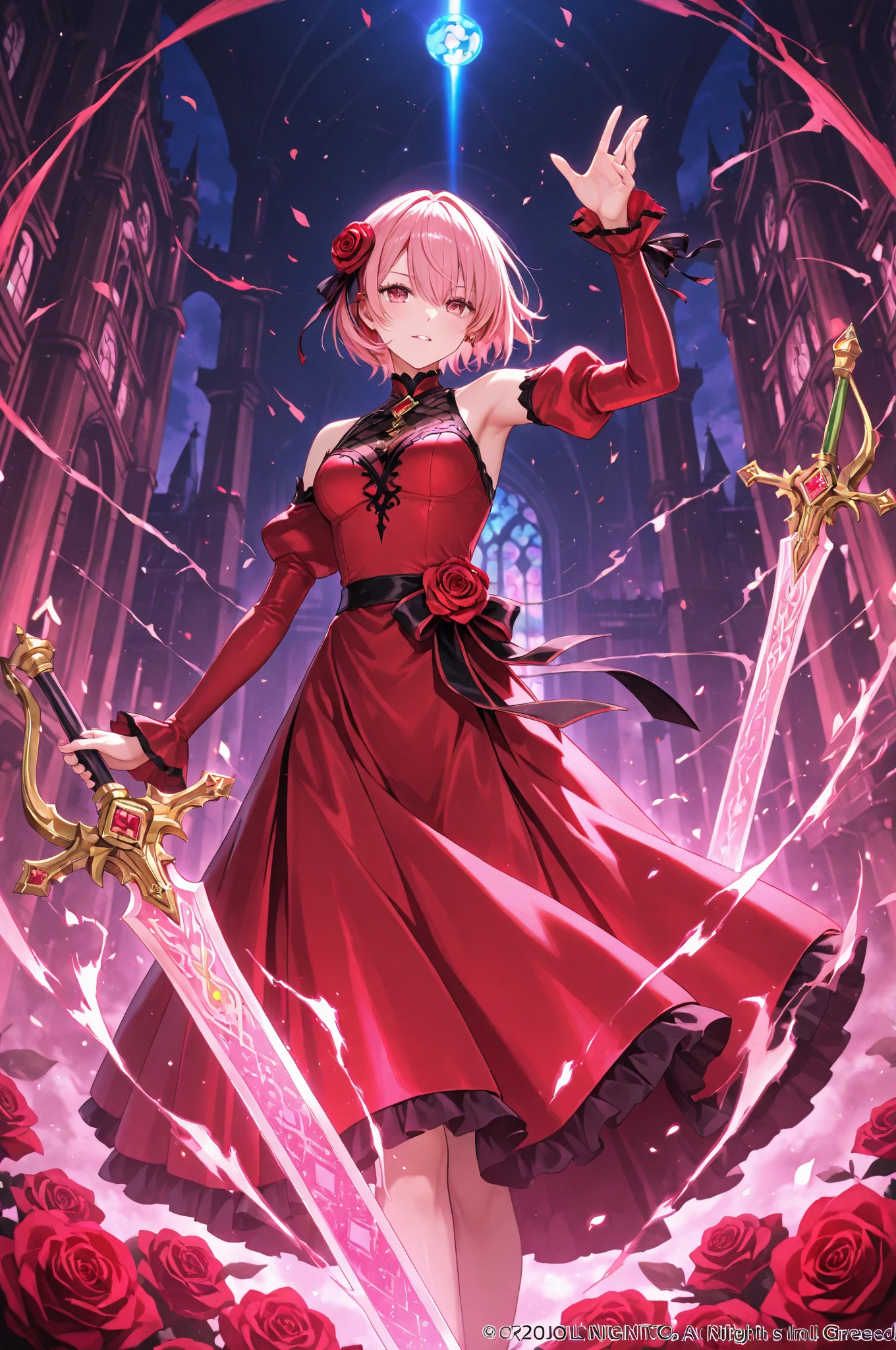 One Girl,Short Hair, Bangs between the eyes, Pink Hair,Small breasts,Red eyes, Cold look,black long dress,White Haori,Red and black sword,Crescent moon reflected on the water,Black gloves,Pink pendant,Dutch Angle,