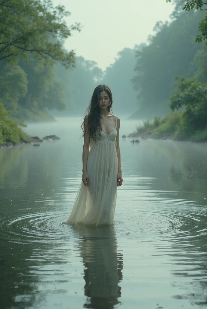 (apply fishes in the river, show me her face and the situation in the story, makae her look a little creepy) Seraphina Lagdameo, an engkanto in the rivers of Mount Banahaw in the Philippines, was known for her ethereal beauty and the shimmering silver fish that followed her through the crystal waters. Her greatest desire was to experience the warmth of human love, something she had learned about through the stories carried by the river's currents and the whispered tales of forest creatures. The silver fish, enchanted by her magic, could grant her glimpses into the human world, showing her fleeting visions of laughter, joy, and love.
One night, she encountered a kind-hearted traveler who had lost his way and settled by the riverbank. As he slept, Seraphina wove an enchantment around him, using her powers to enter his dreams and create a shared vision of a life where they were together, hoping to touch his heart in the realm of dreams.
With the dawn, she watched him depart, her longing unfulfilled as she remained bound to her river, forever yearning for the love she could never truly have, the fish's scales dimming as they reflected her sorrow. To ease her loneliness, Seraphina used her magic to weave dreams of the traveler into the waters, replaying their brief encounter endlessly and keeping his memory alive. Yet each time the vision faded, her heart ached a little more, knowing her desire would always remain just beyond her reach.