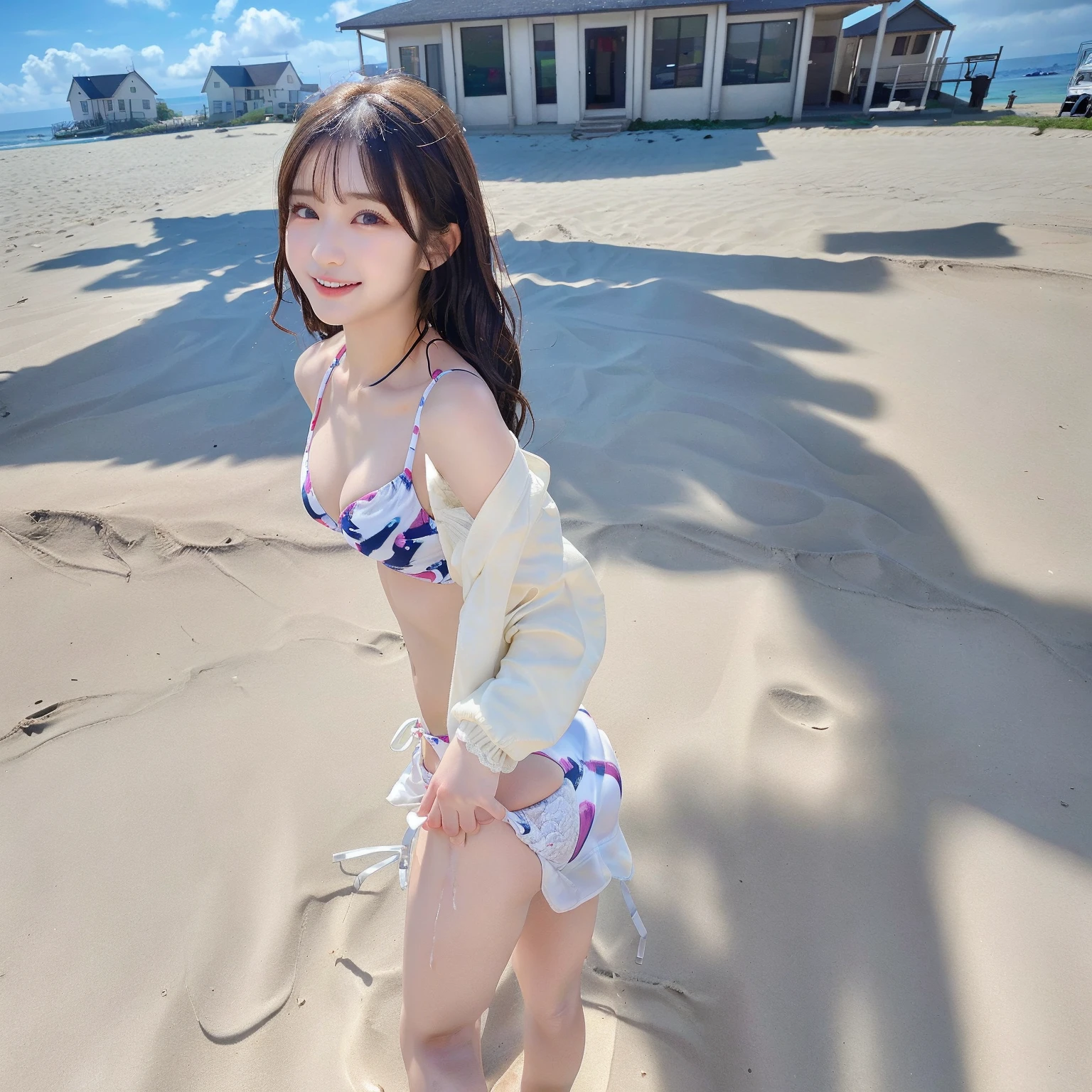 (((barefoot young slender beautiful  Japanese girls group on mud beach))), natural front lighting, ultra sharp focus, (((light pale white skin color))),blue large eyes with long eyelashes and double eyelids, dynamic angle,red lip,smile, ((waving arms)), ((huge breasts)), (full body shot:2), (((wearing floral frilled micro bikini))), (beautiful face:2),(((beautiful))), 8k quality