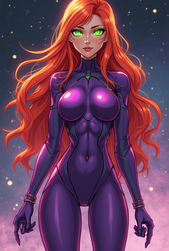 (masterpiece, best quality:1.2), Starfire from the Teen Titans, 1girl, solo, breasts, long flowing red hair, night, purple metallic body suit in a deep V opening in front opening, unzipped all the way down, open bodysuit, solid green glowing eyes, space background, perfect hands, perfect fingers, skimpy outfit, orange skin