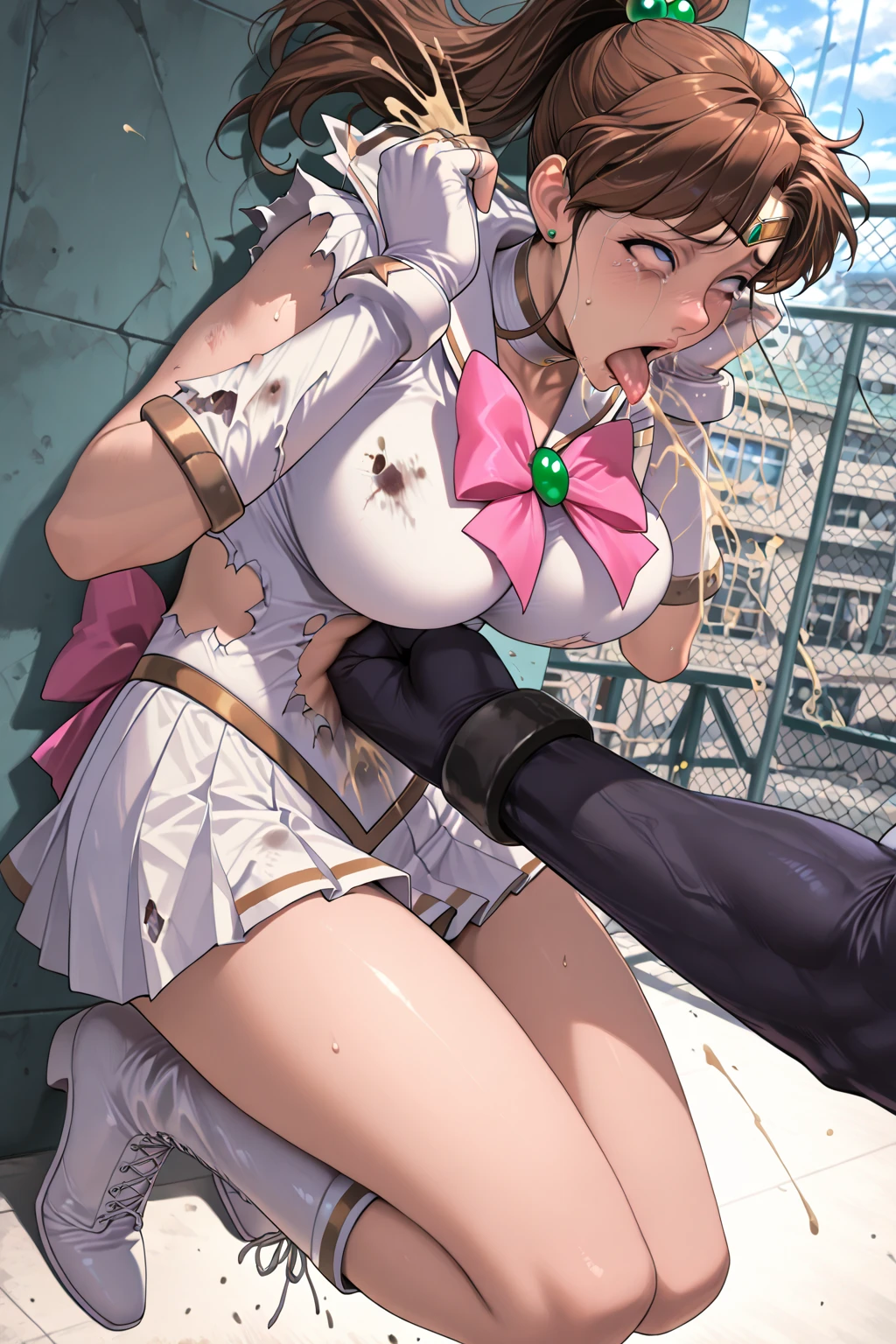 masterpiece, Highest quality, High resolution, Sailor Jupiter 1990s \(style\),、(Big Breasts)、tall、Sweating all over the body、vapor、One man and one woman、(Sexual intercourse from behind)、綺麗なBig Breasts、Muscular、sexy、Face writhing in pleasure、The whole body is covered in sex fluids、Sweaty、Composition from the side、Looking up、Open your mouth and stick out your tongue、 on face
