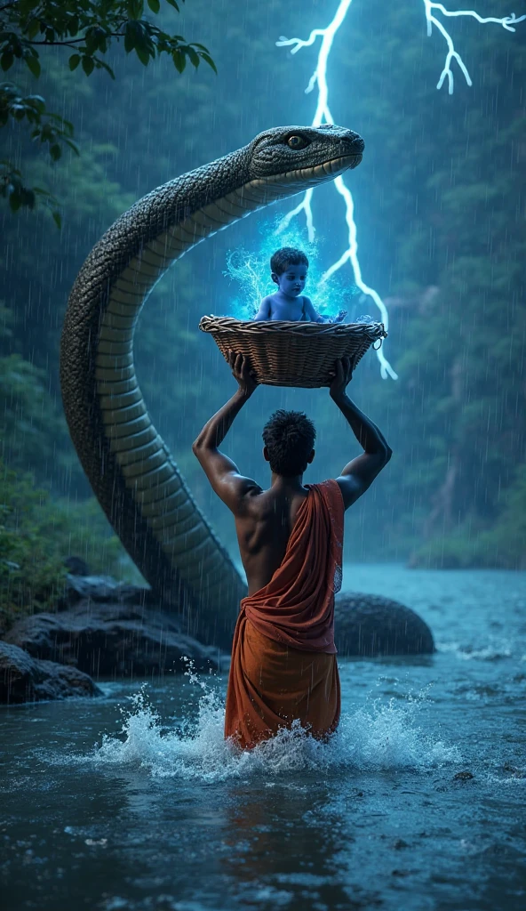 Vasudeva, carrying baby Krishna in a wicker basket on his head, walks through a raging river (Yamuna) at night. The water parts gently to make way for him. The sky is dark with heavy clouds, and flashes of lightning occasionally light up the scene. A multi-headed serpent (Sheshnag) hovers above the basket, protecting Krishna from the rain. In Cinematic 3d style cartoon image