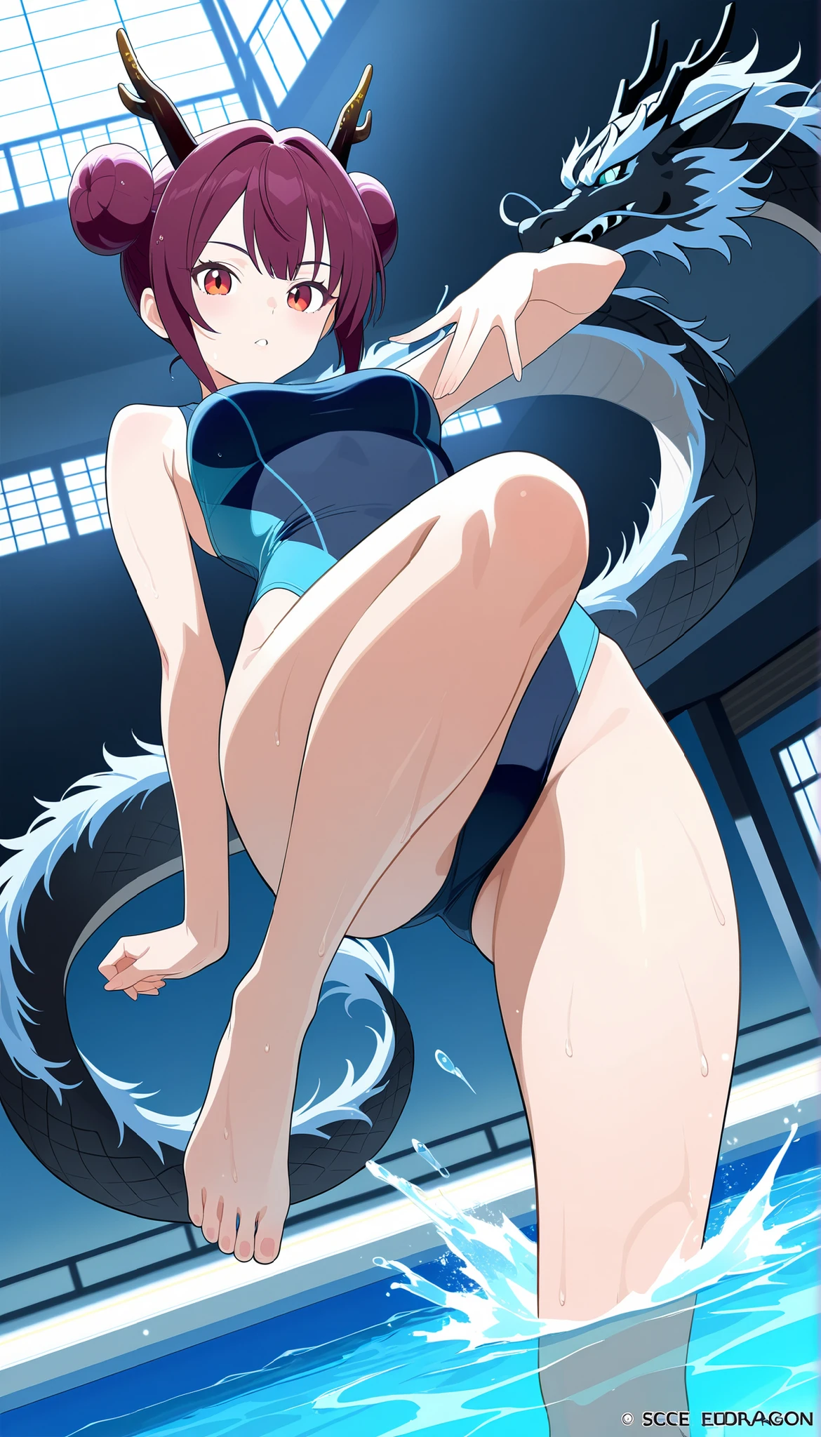((Highest quality、unity 8k wallpaper、32k、masterpiece、Very detailed、Ultra-high resolution、Ultra-high resolution、 Very detailedな顔, RAW Photos, Professional, Ultra-fine painting, Anatomically accurate lizard man)) Kotegawa Yui morphing into lizardwomen, kotegawayui, black long hair, yellow eyes, ((Reptilian eyes)、Mouth with sharp fangs、From shoulder to clavicle、Covered in fine scales up to the neck、(On the butt、A long, impressive lizard tail connected to the spine growing from the tailbone) 、Lizard legs with sharp claws、Fine blue scales growing like thigh-high socks、Fine blue scales growing like long gloves、Long fingernails)、Nipples in full view、((Fine scales on the flank、Fine blue scales growing around the waist, Scales on the back、Scales from flank to thigh))、The boundary between the scales and the skin is not clear、