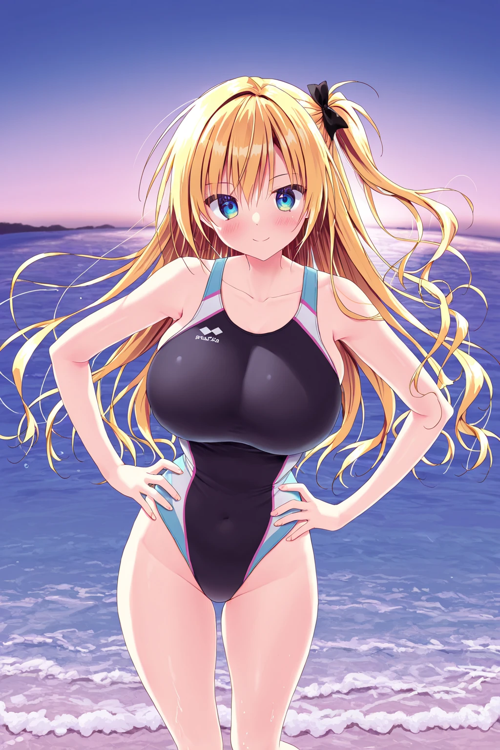 masterpiece, Highest quality, High resolution, kitagawa marin, One girl, Blonde, Long Hair, Multicolored Hair, Red eyes, jewelry, Earrings, Earrings, , Navy blue swimsuit、Dark blue racing swimsuit、 Hands on hips, ,Grin, smile, Are standing, Cowboy Shot, Outdoor,
