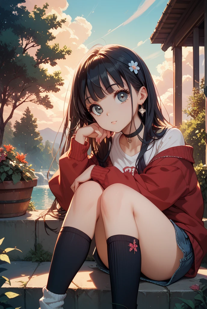 Squat、Long skirt, Bright lips