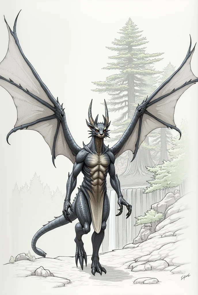 CRIE ,line art, monochrome, sketch drawing pencil, Traditional media character Dragon man half human, scaly skin, man dragon wings and tail