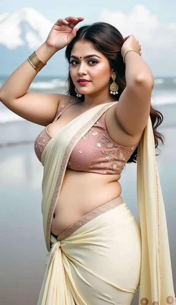 (best quality,4k,8k,highres,masterpiece:1.2),ultra-detailed,(realistic,photorealistic,photo-realistic:1.37), Indian woman wearing (properly draped) saree (saree), (young woman), 20 years old, (chubby cheeks:1.5), (curvy body:1.4), (eyeglasses), (bindi), An Indian beauty, charismatic, light Indian- skin, view the viewer, naughty smile, in a beach,(detailed facial features), full-body shot, hd, 2k, 4k , 8k, 16k