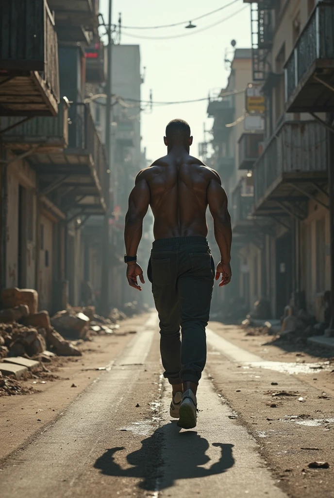 running man, A very muscular man with a strong build. He has a well-defined jaw and a serious expression, doesn't look at the camera. Su piel es clara, y tiene barba corta. karateka, Running for your life!, pants, chaqueta gruesa abierta mostrando su torso bien definido, hermoso rostro,lleno de luz,Una mirada decidida, corte militar, ruso, apocalyptic city background, luchando contra zombies, punches against zombies, sneaker mask, gafas de sol, torso peludo, cara mirando a otro lado, no background vacío, dinamic pose