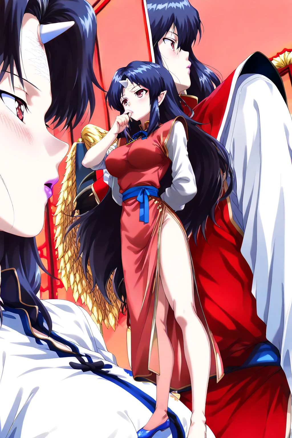 Period drama manga style　A 15-year-old super beautiful Chinese girl with black hair in a bun cut(1 person)　She is wearing a royal long-sleeved Chinese dress　She is hugged by the perverted old emperor and forced to deep kiss him, causing him to cry.　She exposes her nipples and gets fucked in a big tit hold　She puts her arms around his neck　She wraps her legs around his body