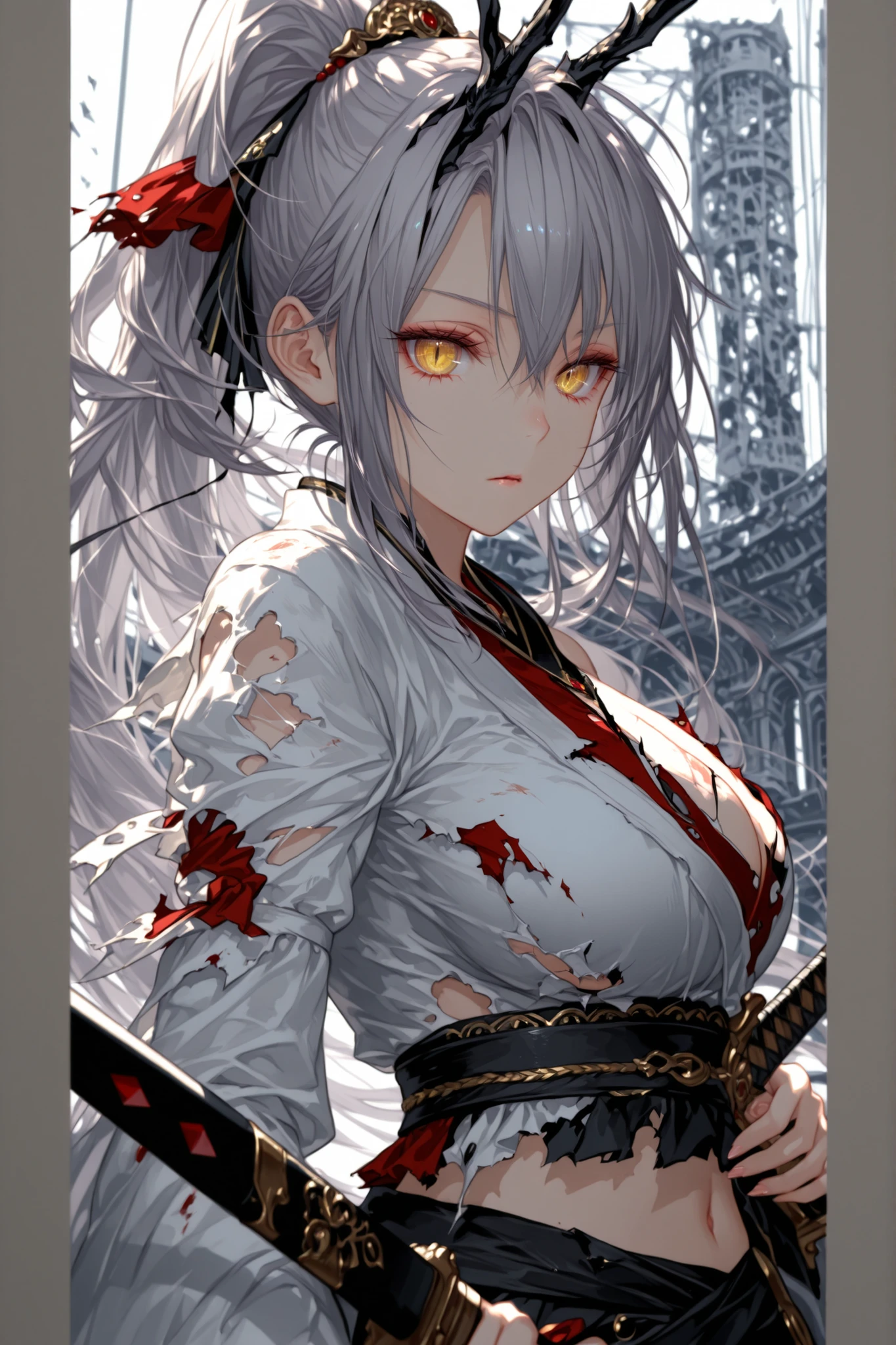 Masterpiece, best quality, night, outdoors, rainy days, branches, Chinese style, ancient China, 1 woman, mature woman, silver white long haired woman, gray blue eyes, light pink lips, cold, serious, weak, bangs, assassins, short knives, white clothes, black clothing patterns, blood stains, blood, injuries, bloody, delicate facial features, delicate facial features,