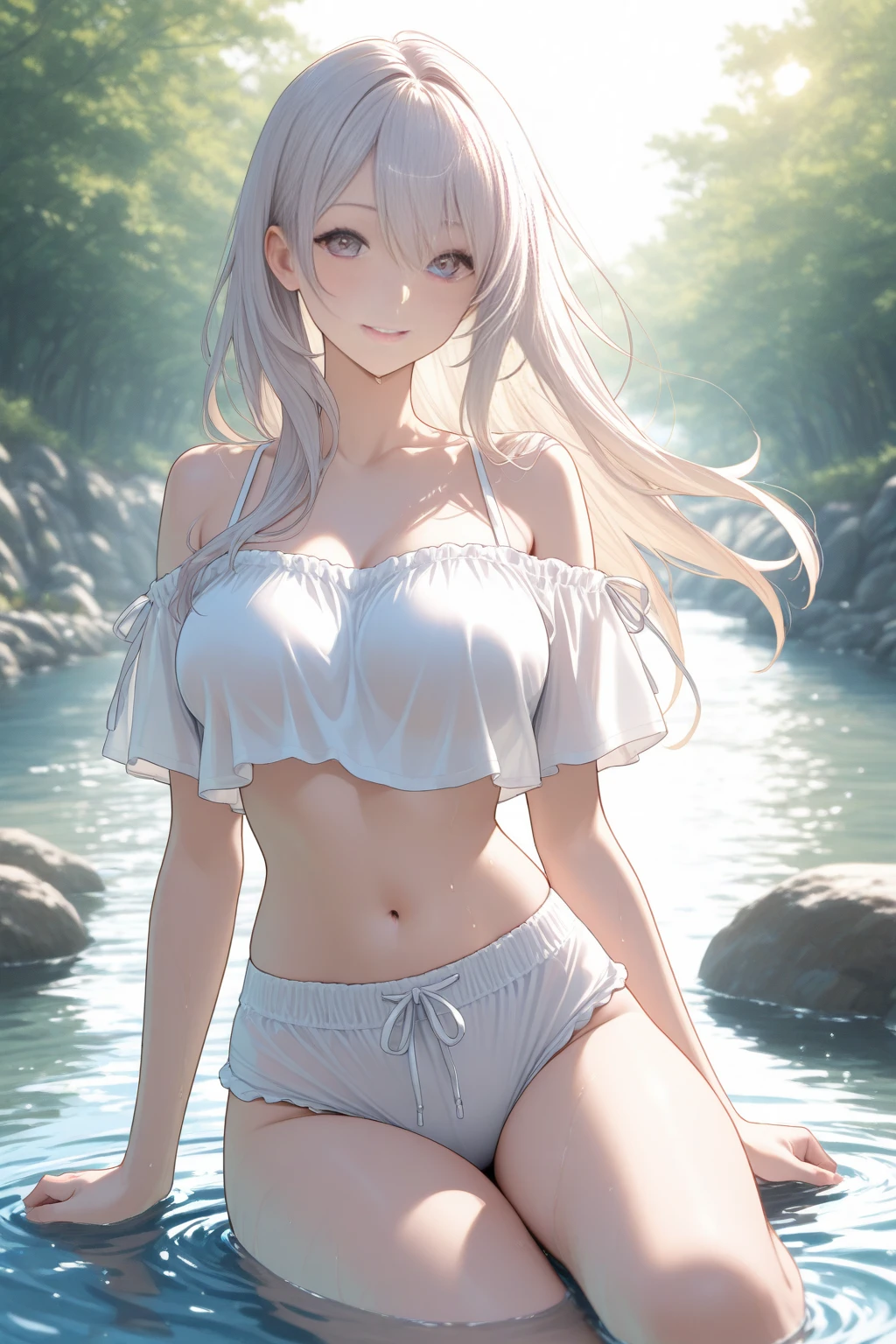 A tanned, naked, Beautiful, white hair color, with high hips, a thin waist and green eyes, white lace transparent underwear