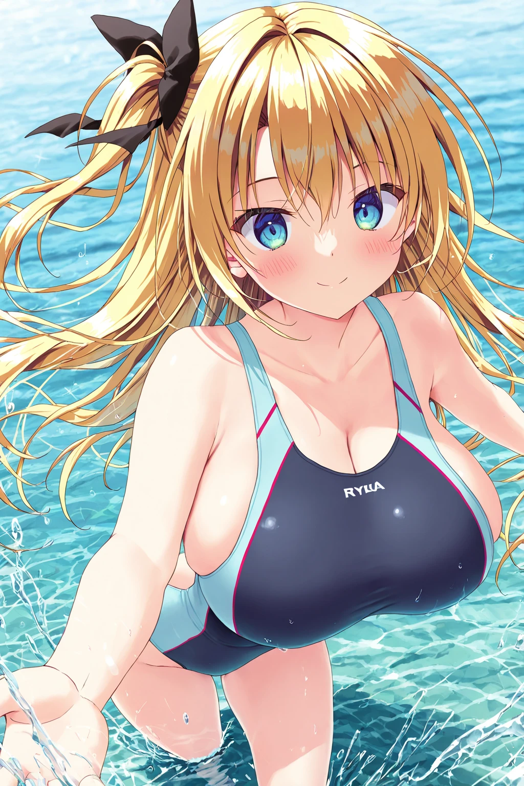 (nsfw:0.7), (eye focus, face, close-up:0.3), eyelashes, huge breasts, bikini, groin, stomach, navel, curvy, (cameltoe, ass:0.6) , from side, from above, foreshortening, dutch angle , (detached, wind, floating hair:-1) ,
