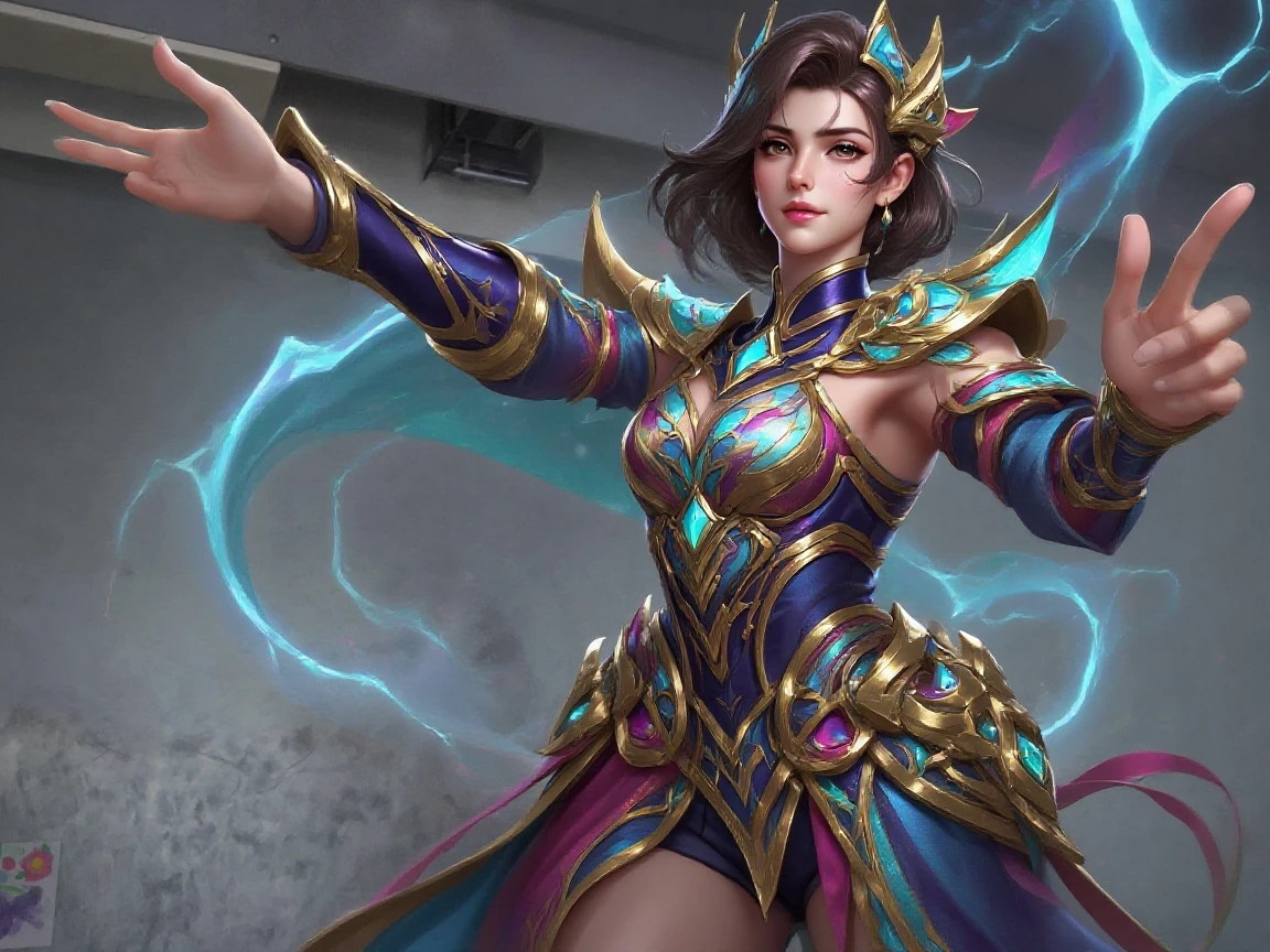 a woman in a purple and gold outfit holding a sword, portrait of modern darna, female protagonist, smile, detailed facial features, high definition, realistic, cinematic lighting, dramatic pose, dynamic action, fantasy, digital art, concept art, 8k, detailed ornate dress, flowing fabrics, intense gaze, powerful presence, dynamic composition, dramatic lighting, atmospheric background