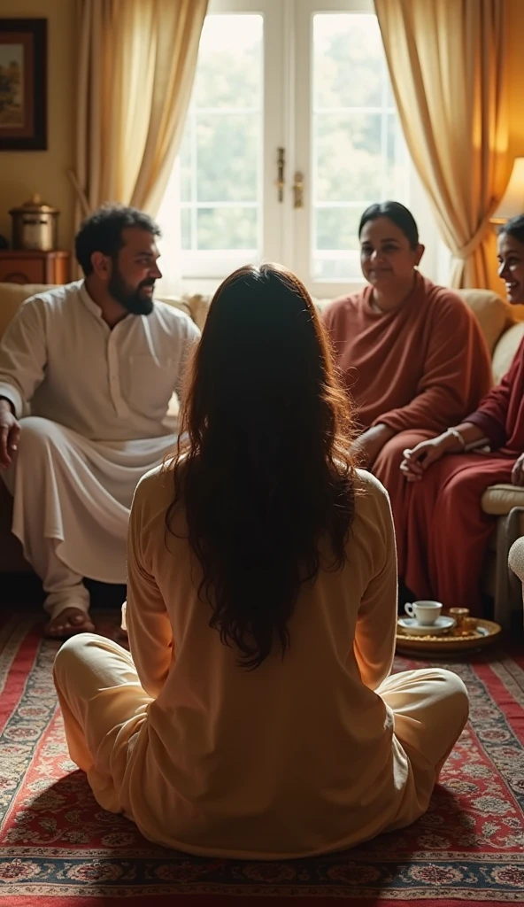 I am sitting on sopha.i am taking dosha.i am wear sari orange color.suronding mt husband and daughter in law sitting..infront of me one table and on table plat and glass.i am inside room color is off white