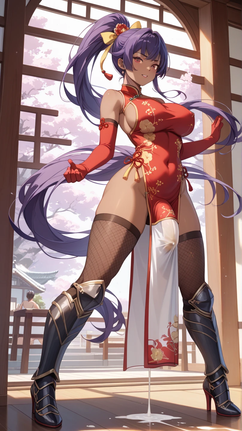 Large breasts, Blue hair, upper legs, white thighhighs, Pink clothes, Long legs, No bra, High heel, Pink eyes, Heart eyes, heart shaped breasts, Bare_hindquarters, bangs, areola of breast, Elbow gloves, Chinese dress, Fat ass, hair tying, wears_navel, Looking_at_peeping at the viewer, Arms_Behind_Head, Blush, Sleeveless_dress, Long hair, cosplay,Fantastic,The back of the hand is behind the back,Hands up behind your head,Broad lighting,Glossy Clothes,Chinese-style architecture,China-style,gazebo,Lace,Quaint,Tight cheongsam,Flowing cheongsam,Chinese style cheongsam,Gold ornaments,(Elbow gloves:1.0),Silk gloves, Chinese dress, Fat ass, hair tying, wears_navel, Looking_at_peeping at the viewer, Arms_Behind_Head, Blush, Silk cheongsam, Long hair, cosplay,Fantastic,The back of the hand is behind the back,Hands up behind your head,Broad lighting,Glossy Clothes,Chinese-style architecture,(Tight cheongsam:1.0),Chinese style cheongsam,on cheongsam,Gold ornaments,Over the sleeves,(on cheongsam:1.0),(Put your hands behind your head:1.0),Facing the viewer,autumnal,Beds,high-heels,(Over-the-knee socks:1.3),Lace wreath on the legs,bangle,eardrop,choker necklace,jewelery,Ribbons,lace-trim,Heavy makeup,long whitr hair,High ponytail,hair straight,Princess cut,Be red in the face,Qi bangs,latex,(Black gloves:1.0),White stockings,fox ear,Qi bangs,multicolored hair,between breasts,Arms up,(Open legs:1.3),curvy hip,spread_Legs,Kneeling,bunnysuit,white clothes,tightsuit,Corset,