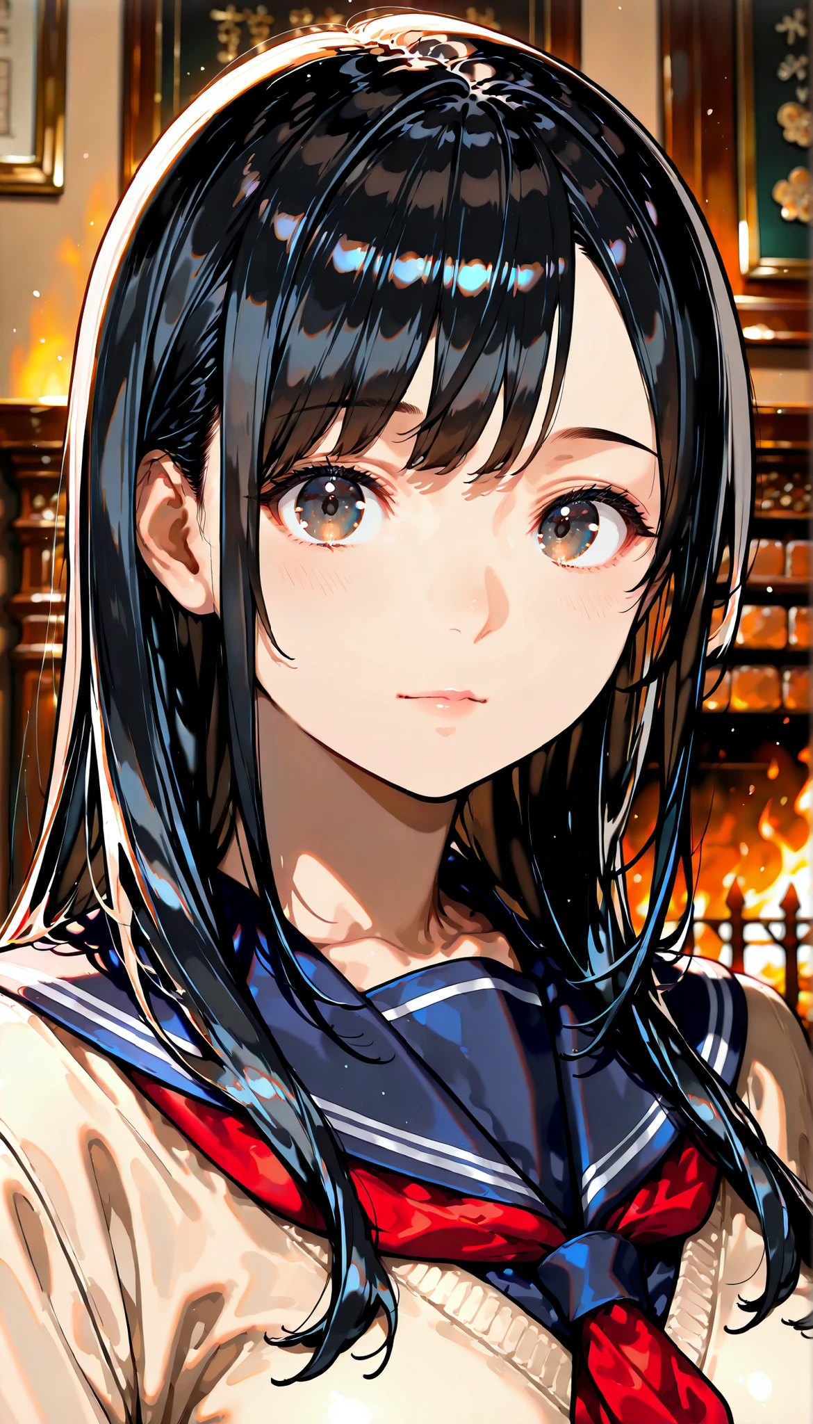 Close-up details, realistic style pictures, black hair, long hair, excellent style in the fireplace room, tall from the school building, cute, When I was a teenager. Use soft lighting、Cast Shadows Friendly to the Subject, detail、 adds depth to the image ,(upper body:1.8) score_9, score_8_up, score_7_up