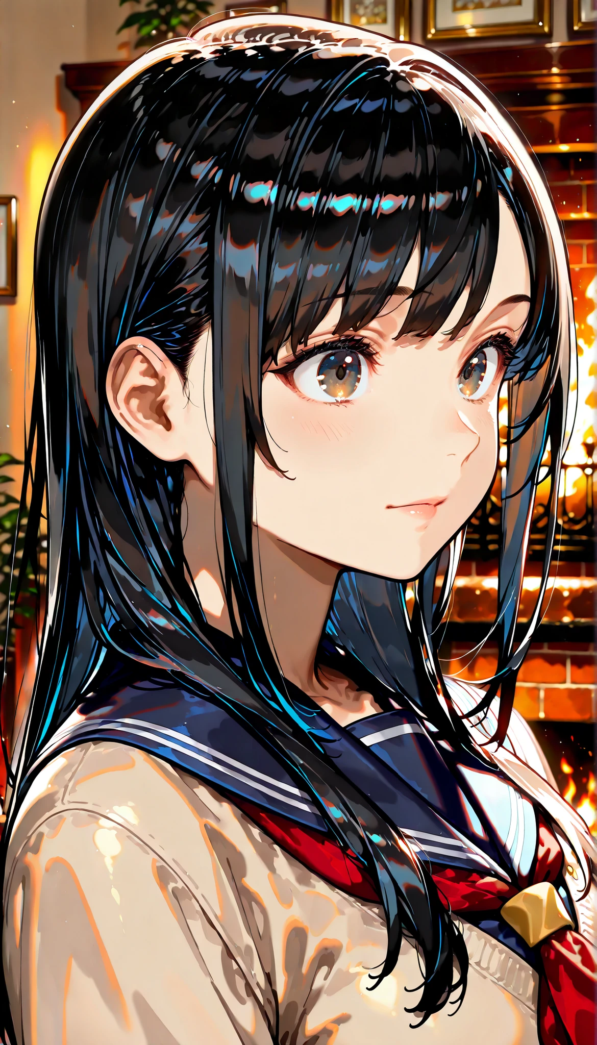 Close-up details, realistic style pictures, black hair, long hair, excellent style in the fireplace room, tall from the school building, cute, When I was a teenager. Use soft lighting、Cast Shadows Friendly to the Subject, detail、 adds depth to the image ,(upper body:1.8) score_9, score_8_up, score_7_up