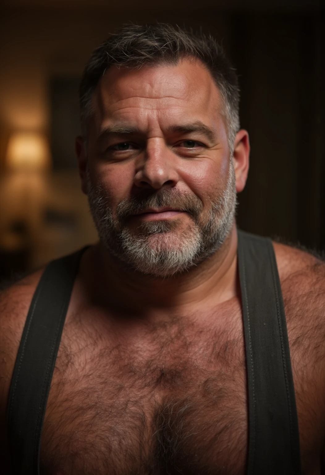 age 60, white man police detective with a mature, kind demeanor, strong and muscular build, mustache, wearing a buttoned-open police uniform shirt(leather), police uniform shirt(nypd) , hairy chest, giving off a hint of a horny yet disgusting aura, completing the look with leather riding boots, underwear showing(thong), nice bulge, nicebulge,