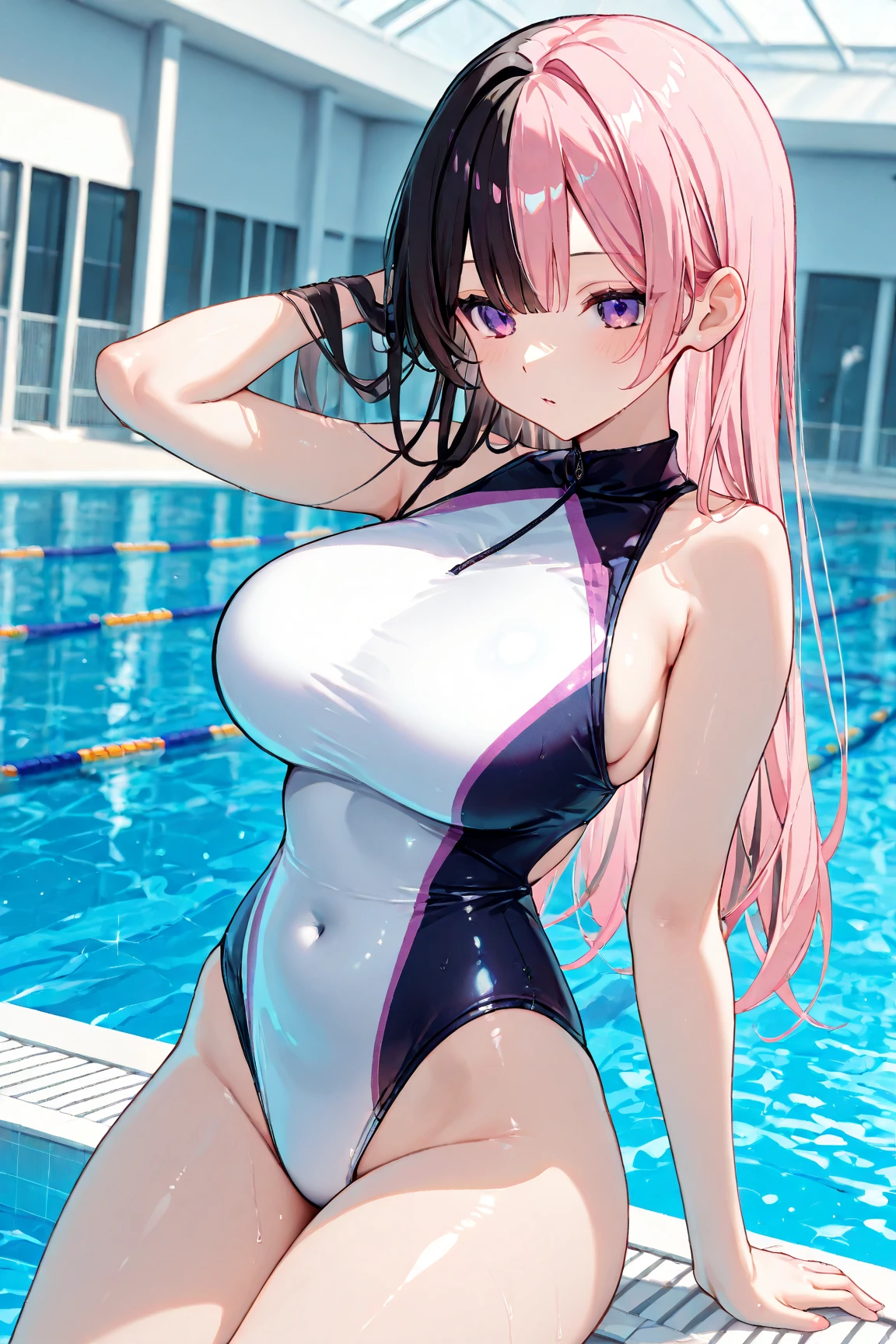 mastute piece,Best Quality,insanely detailed,8k cg,nsfw,
shoot upper body,(shoot from front:1.4),(1girl:1.2),standing,(swimsuit from body paint on naked:1.4),BREAK,blush,shy,ecstasy face,gasping,(trembling:1.2),(pink hair),break,open mouth,poolside,