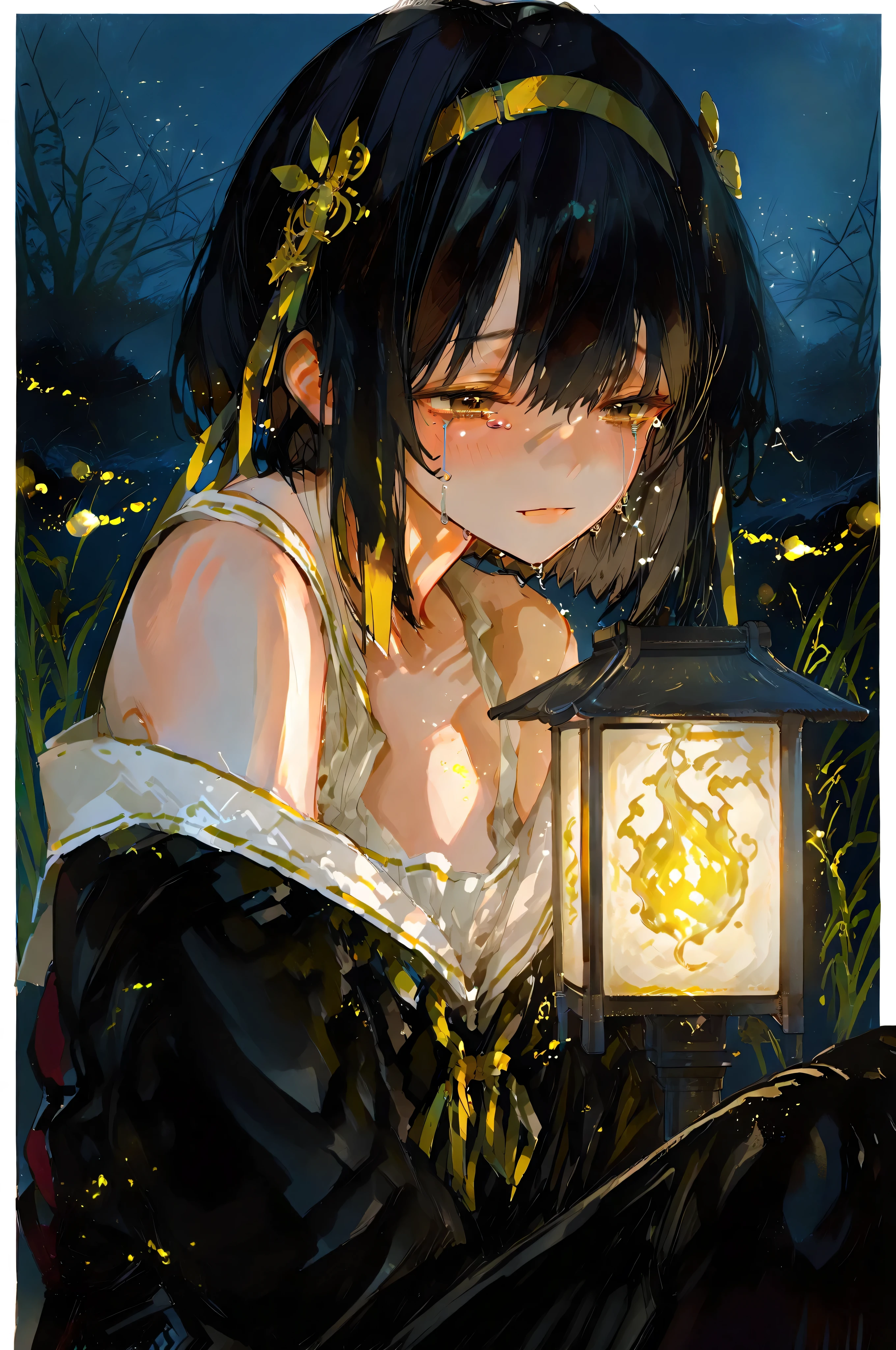 Gadis usia 18 tahun,short black hair shoulder border. Has headband accessories. Has a small mole under the right eye, wears japanese school uniform, flying a yellow flame lantern, dreamy crying expression, night atmosphere with fireflies, background di pinggir pantai, hd resolusi,4k, hd background.