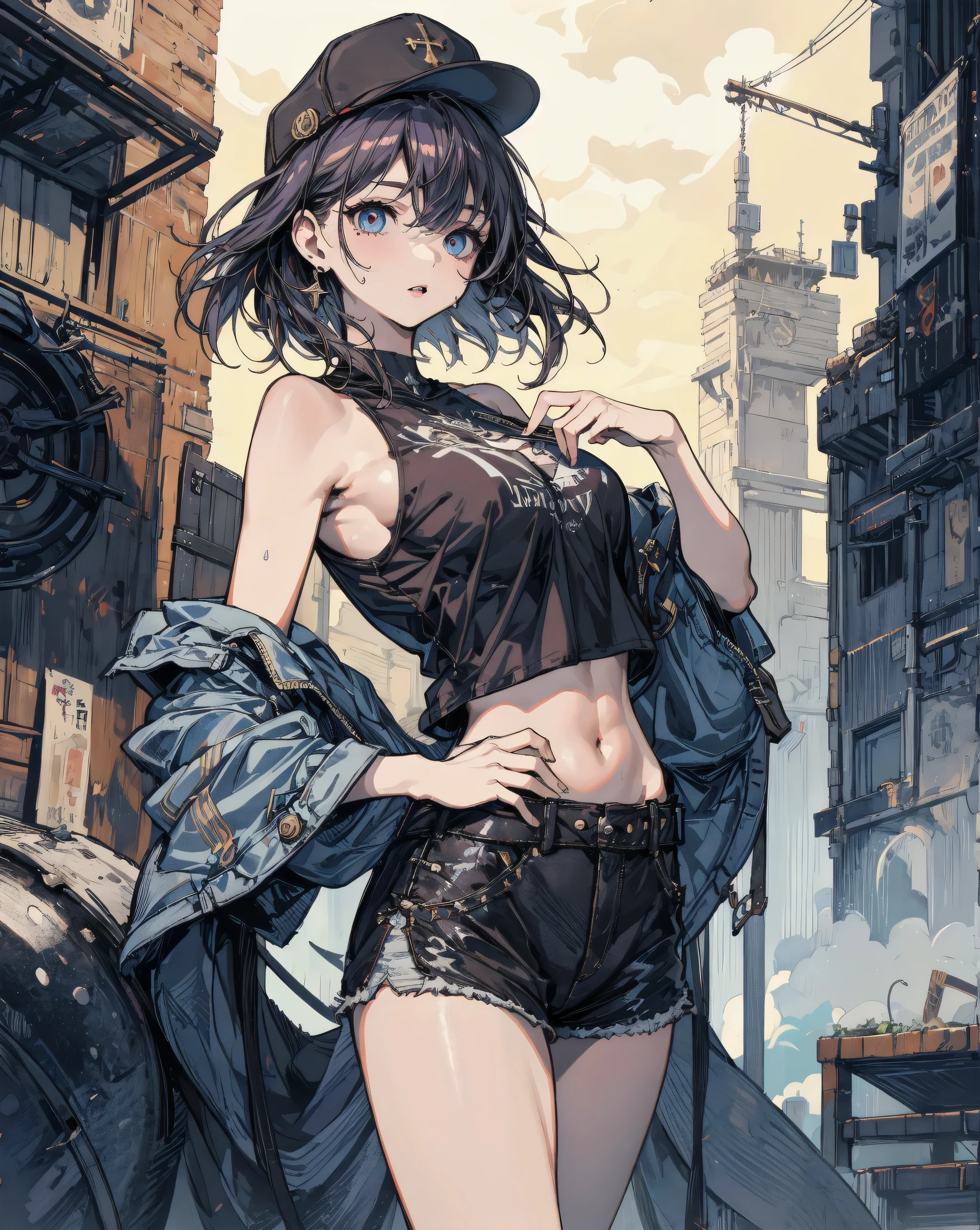 steampunk world. 1.5, Sexy girl, long purple hair, plaid miniskirt, belt rope, small breasts, tight tank top, art inspired by Bill Sienkiewicz