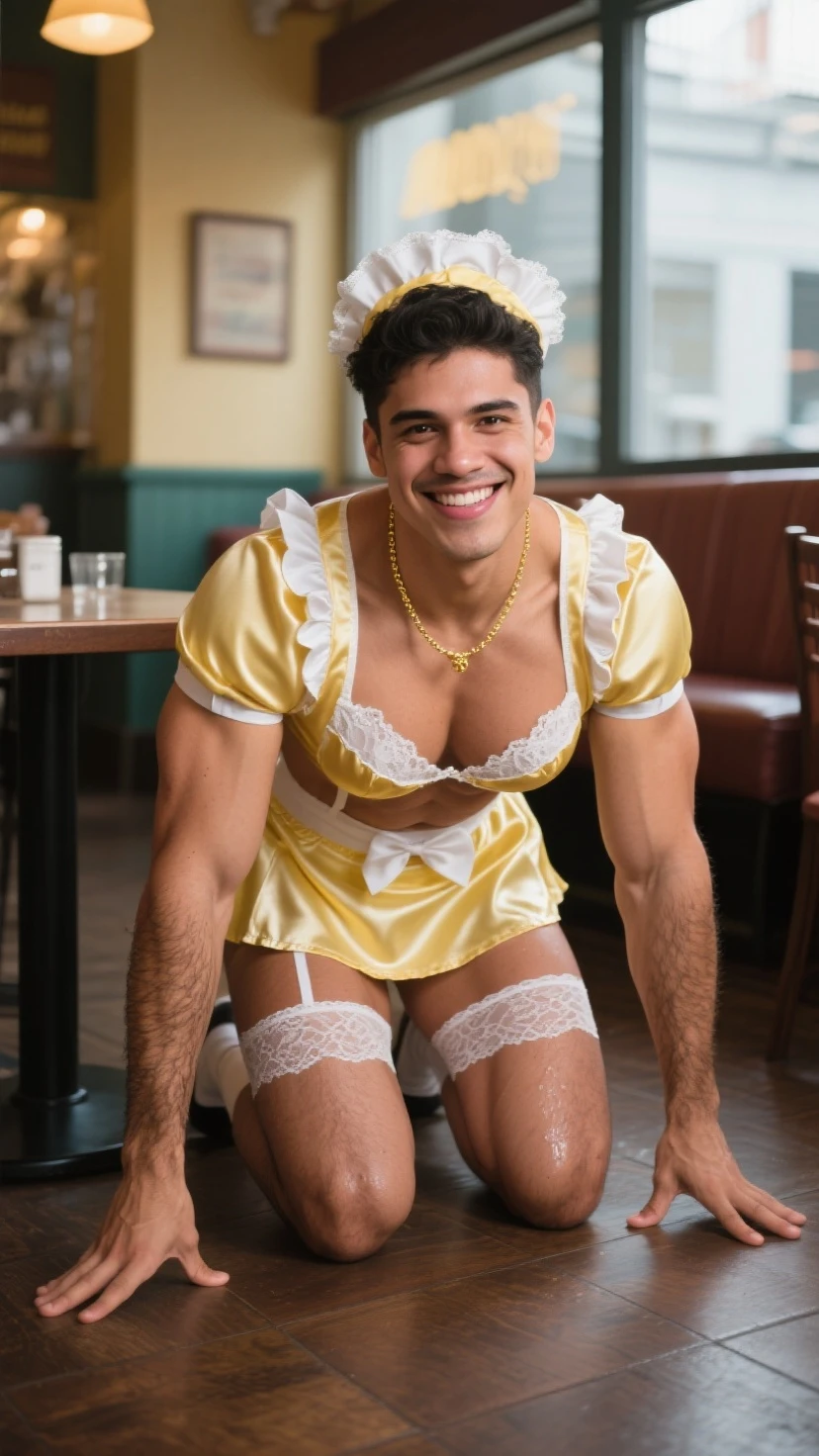 A 19-year-old male, athletic and well-defined body, light brown hair, green eyes, naked with a prominent penis, with a black bow tie around his neck. Lying in the restaurant.