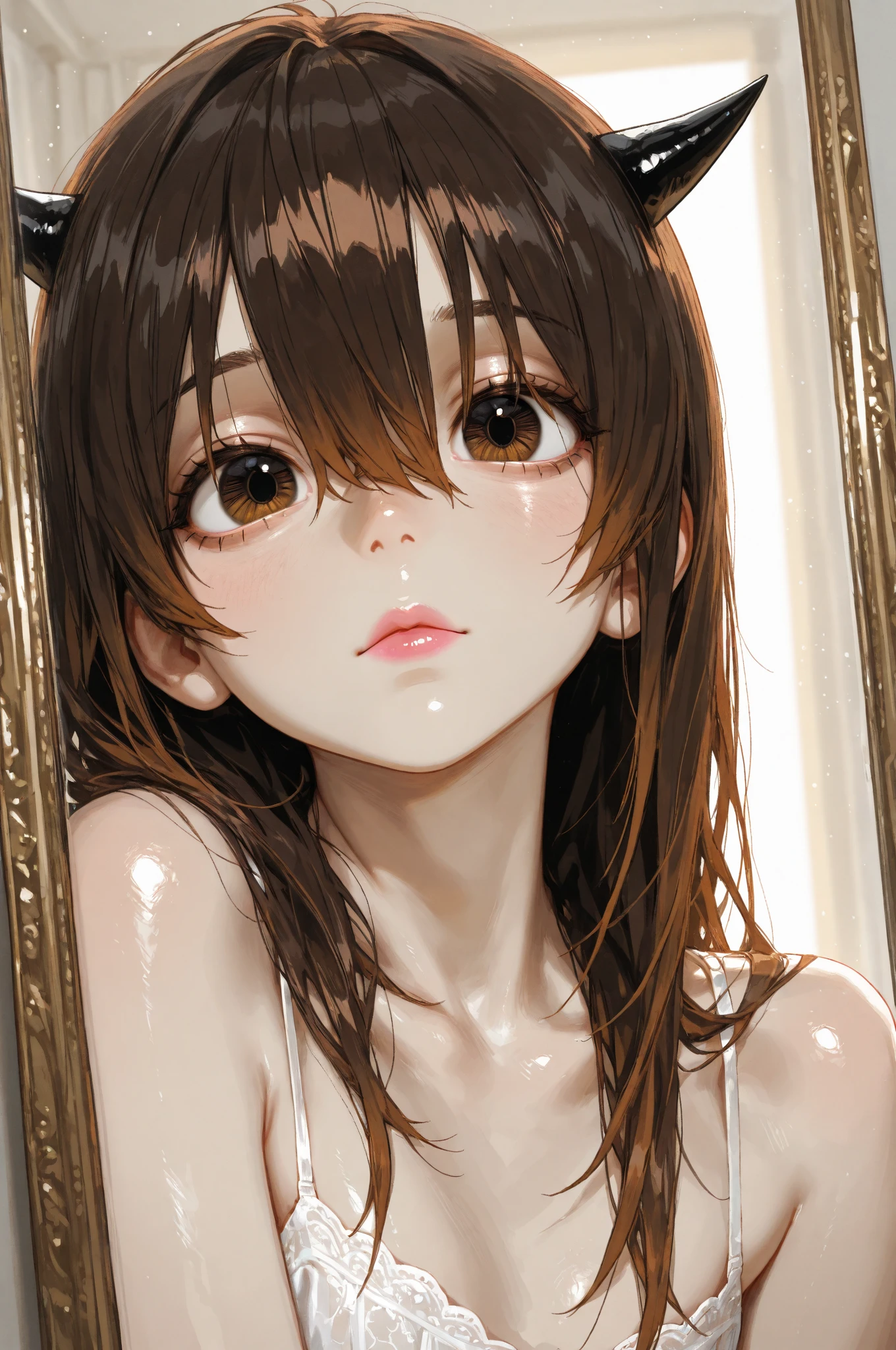 1girl, solo, blush, looking_at_viewer, short_hair, bangs, blue_eyes, simple_background, black_hair, ribbon, original, bow, hair_between_eyes, closed_mouth, hair_ribbon, hair_bow, hairband, grey_background, red_bow, lips, blood, makeup, border, portrait, eyeshadow, blood_on_face, red_lips, black_border, bow_hairband