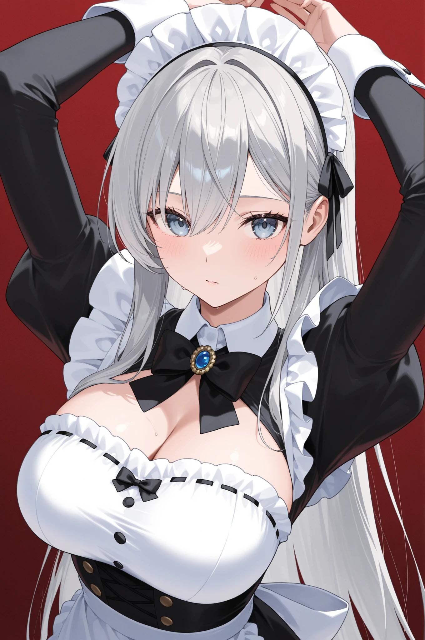 red eyes, (highest quality, masterpiece絵画:1.3), mature woman, 26 years old, (half body shot), masterpiece, Super high resolution, (Photoreal:1.0), silver hair、straight hair, Shiny and beautiful hair, white and shining skin, ((Super realistic details)), octane rendering, highly detailed face, (big breasts:1.0), ((maid)), (黒maid服),((black mini skirt)), cleavage, perfect body, soft skin, anime face, perfect face, perfect eyes, looking at the viewer, smart, coffee shop,sharp focus, intricate details, professional artwork, (Bright colors:1.1), Bright colors, diffused lighting, digital blending, Super detailed body, ultra detail hair, super detailed face, It's trending on pixiv, top button opened, shy girl, Cute gaze, compensate, perfect lips, perfect compensate, Super precise painting, (light_smile:0.8), embarrassed, blush your nose,