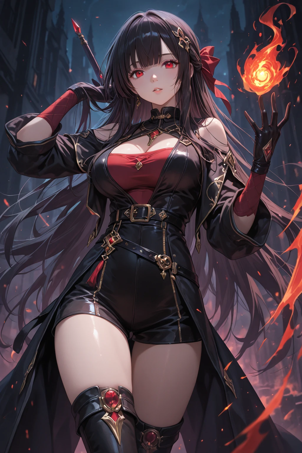 (Masterpiece, best quality, beautiful eyes, highly detailed, highres), 1girl, fox girl, fox ears, fox tail, dark brown hair, green eyes, sexy, mommy, thick thighs, enormous breasts, mature woman, enormous cleavage, latex, bdsm outfit, bondage outfit, kinky outfit, latex corset, latex thigh highs, latex gloves, makeup,