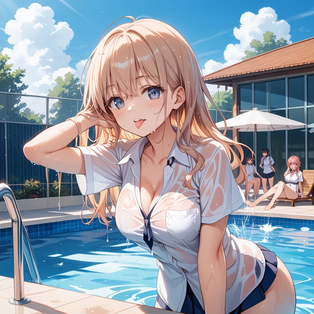 (masterpiece:1.2), best quality, high resolution, unity 8k wallpaper, (illustration:0.8), (beautiful detailed eyes:1.6), extremely detailed face, perfect lighting, extremely detailed CG, (kinomoto sakura, green eyes, smile, two side up, short stature, small breast, solo,), sitting, spread legs, no bra, show off nipple, nipple, school swimsuit, high leg, very torn clothes, open-breast clothes, vagina, gleaming skin, moist skin, embarrassed, open mouth, noon, pool, front view, looking at viewer, troubled face,