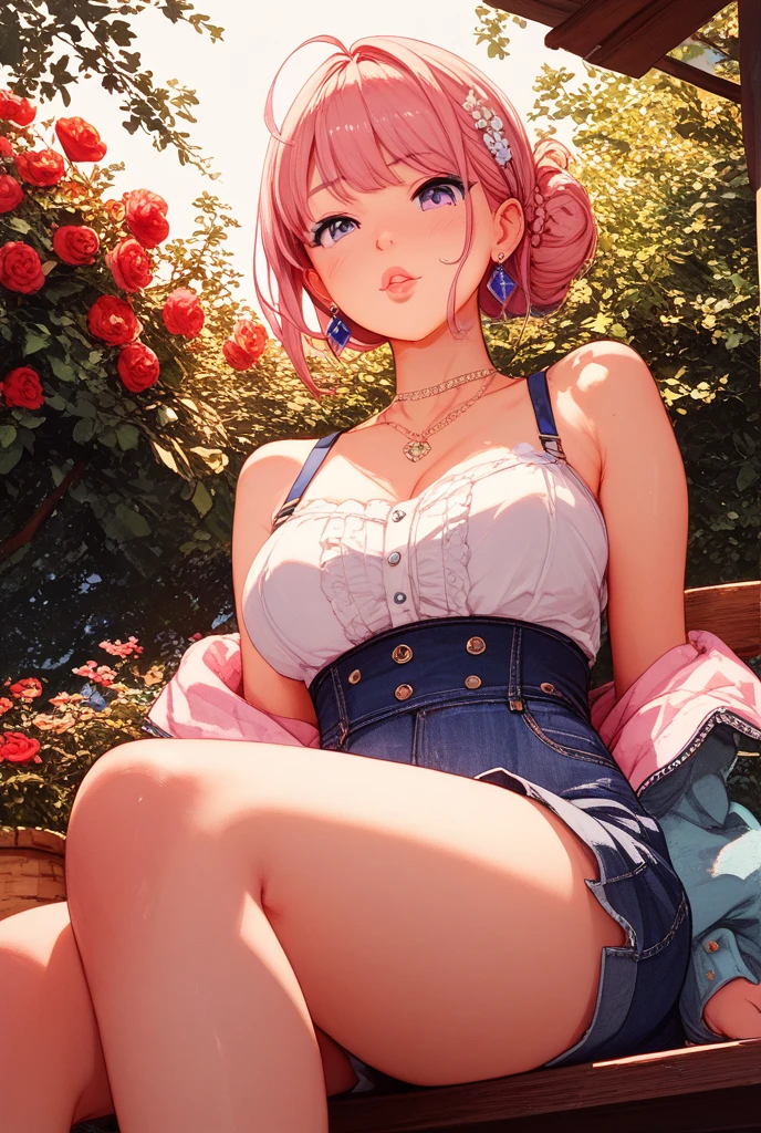 pink hair, ponytail, short hair, cat ears, cat tail, outfit, tied top, cleavage, kneeling, in garden, flowers, fence, looking at viewer, thick thighs, (masterpiece), (best quality:1.2), absurdres, intricate details, (highly detailed skin:1.2),