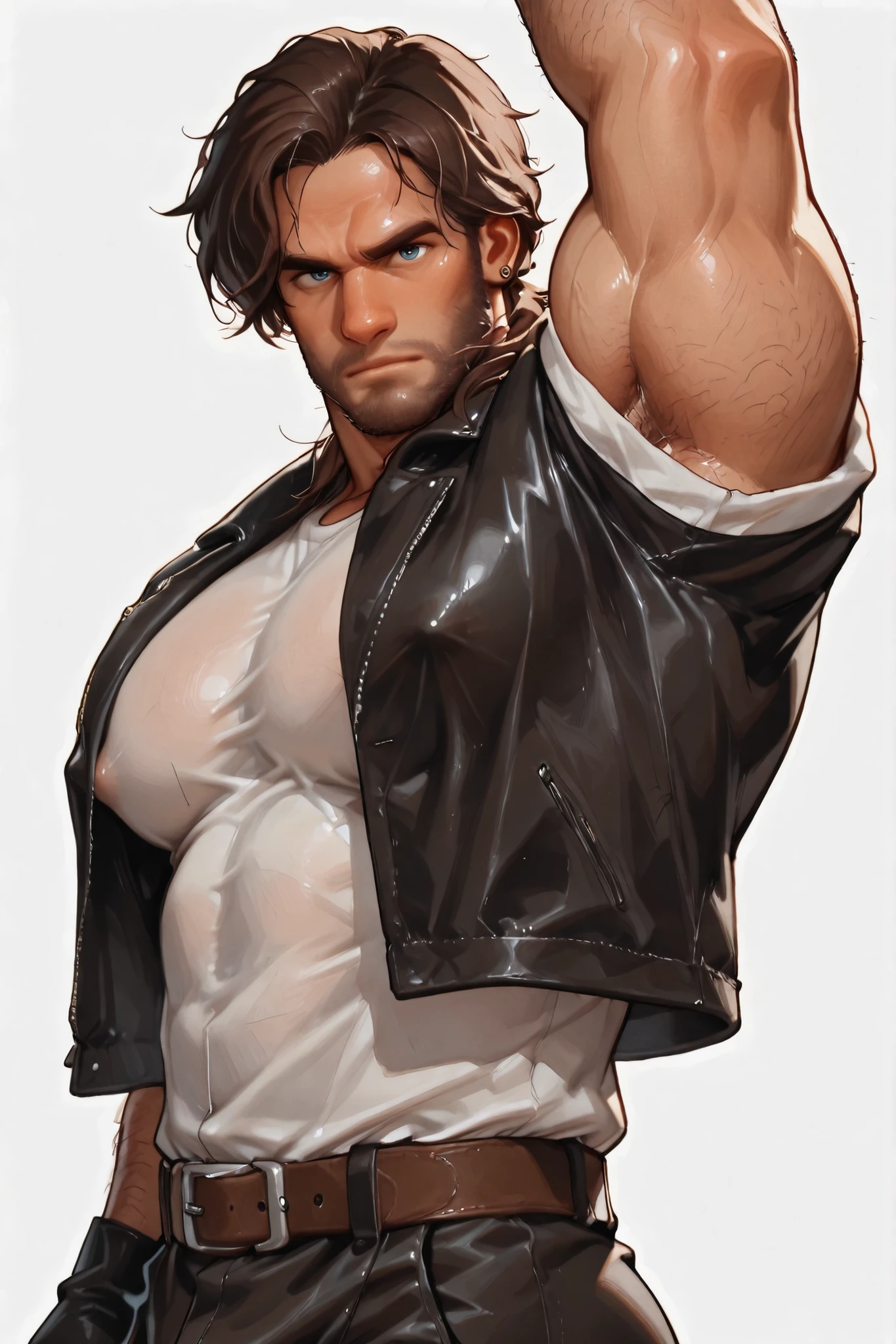 In the dimly lit room, Wolverine, clad in his signature brown leather jacket, stands still with a thoughtful expression. The jacket fits him perfectly, accentuating his massive bulging biceps. He raises one arm, bringing it up to his armpit and takes a deep sniff. The scent of sweat and metal wafts through the air, a testament to his raw, primal strength. The rough texture of the jacket brushes against his fingers as he lowers his arm, the sensation grounding him in the present moment. The room is quiet, save for the faint sound of raindrops tapping against the window, adding to the sense of solitude and introspection. This high