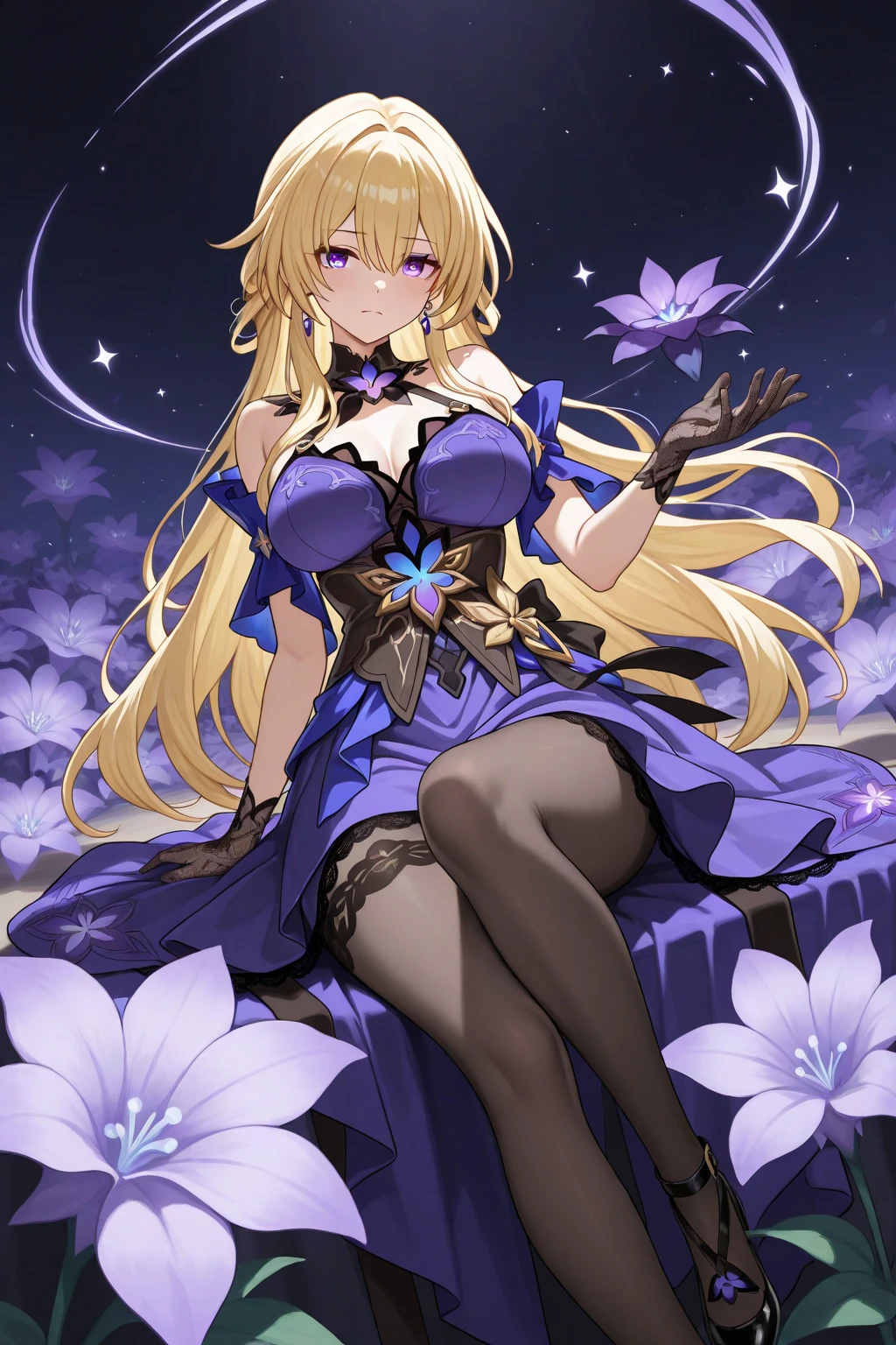 ((highest quality)), ((masterpiece)), (detailed), (Perfect Face)、The woman is an Extia Spica with long blonde hair tied in two ponytails.、A gorgeous purple long slit see-through dress that lets you see right through to the skin, a see-through cape with fur, a necklace with jewels, a tiara, earrings, a head dress-up chain, a waist chain, bracelets, ankle bracelets, etc.々She wears lavish jewelry and shiny purple boots.