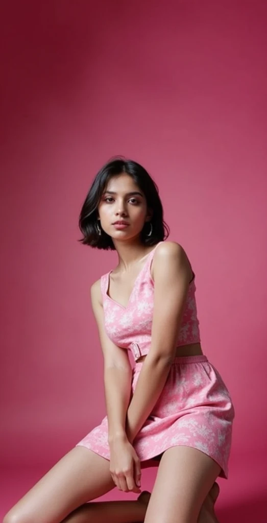 Portrait of a indian lady model, wearing pink tanktop, laying on the floor, rim light, key lighting, light background