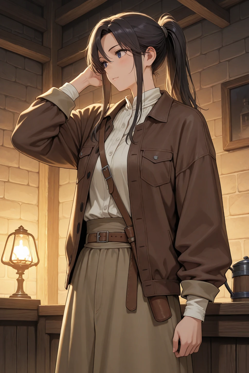 mulher, cabelo curto, cabelo curto, olho preto, capuz, medieval, fita, capa vermelha, capuz, vermelho, Asian eyes, Roupa, brown pant, fitas, botas, capa vermelha, capuz, taverna.