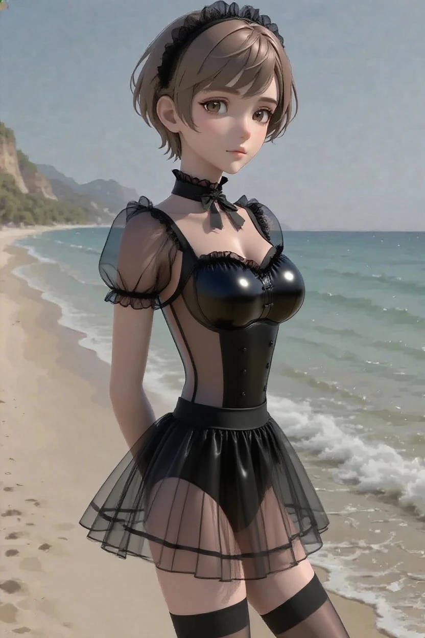 masterpiece, best quality, highly detailed, ultra high res, aichan, large breasts, 1girl, solo, blue eyes, short brown hair, braid, glossy lips, collarbone, corset, tears, crying, (quicksand:1.3)