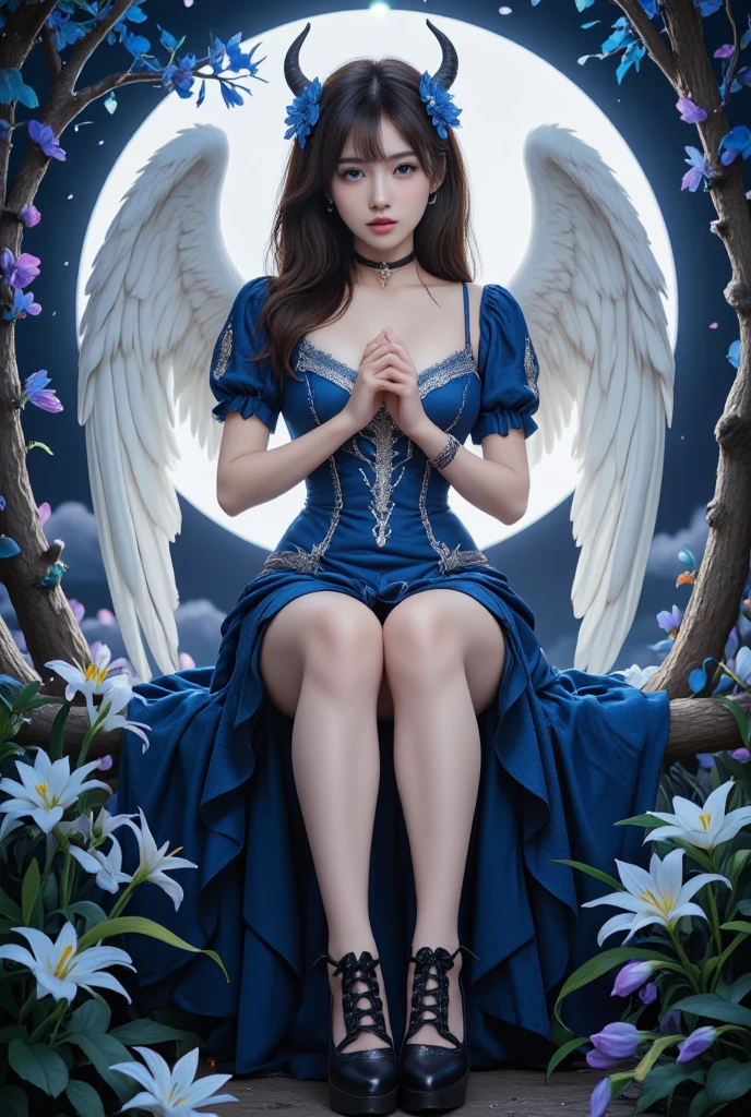 cute angel with feathered wings looking to the night sky, ((gorgeous face)), sitting on the outer egde marble gazebo at night garden and surrounded by white litle birds flying around her, all illuminated by the moon, intricate detailed, professional lighting, high definition, 8k, studio light