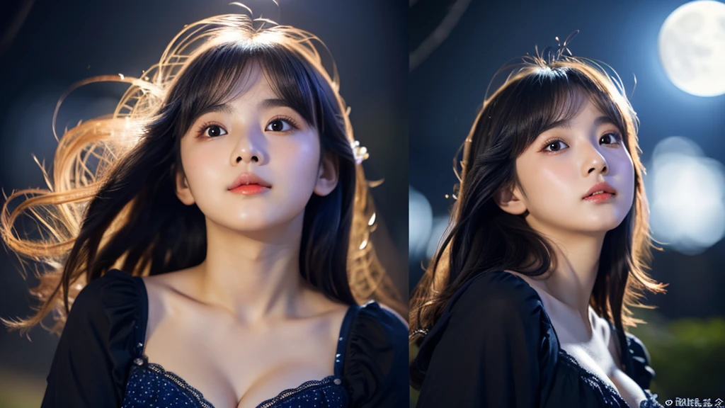 A very cute face like an idol、Looks like a young face、20-year-old female、Gentle and cute、Cleavage、Beautiful moon and starry night、Looking up at the night sky、Moonlight only、Dark Light、RAW Photos、Genuine、live-action、（Romantic)、(Artistic Expression)、Real Stick、High resolution、masterpiece