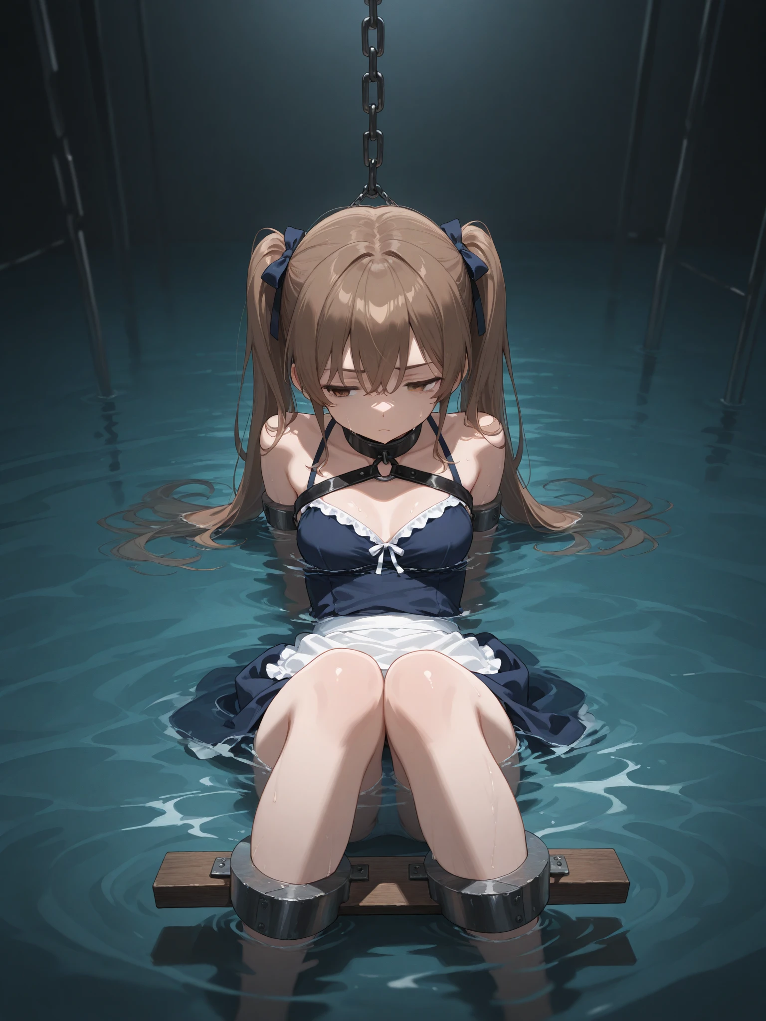 NSFW, 4k, masterpiece, high detail, best quality, super detail, very detailed, detailed light, best shadow, textured skin, (Anime), blush, drooling, black leather mask, (plug gag:1.5), ((1girl, solo, asashio_kantaicollection, long hair, black hair)), ((restrained)), ((looking at viewer)), (tied, shibari, tied up with rope:1.5), ((lying)), thighs, (arms behind back, spread legs:1.5), in stocks pose, hot spring, Rock bath, splash, splashing, steam, sweat, (night), dark