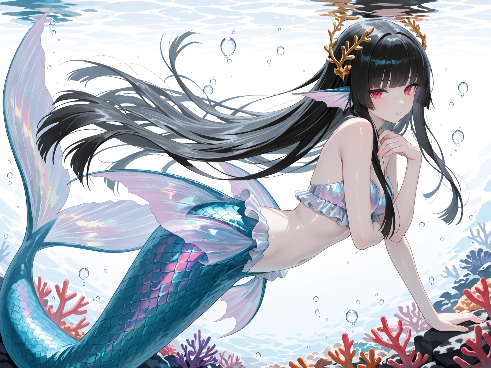 4k,High resolution,one woman,mermaid,dark light blue hair,long hair,big breasts,seashell bra,White Veil,pearl decoration,jewelry decoration,In the sea,Undersea Temple