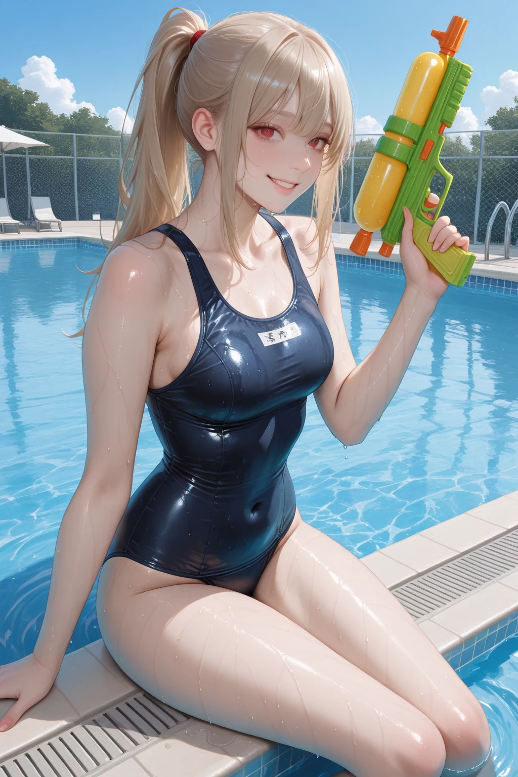 hyper realistic, young japanese girl, ((bad crooked teeth)) , ((yaeba teeth smile )), ((wearing a swimsuit)),((pool party background)),(drinking a bottle of wine ))