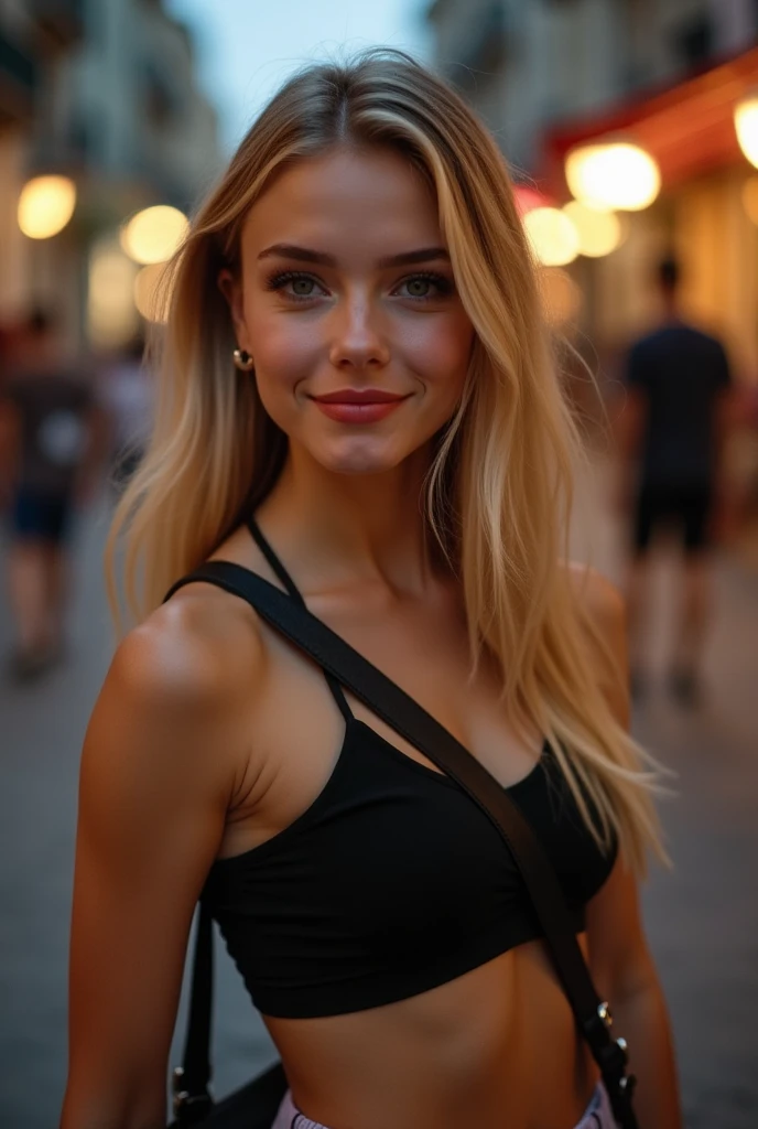 photography of a 20yo woman, visage naturel, Cheveux Blonds, Yeux bleus, Gros Seins,
Regardant le spectateur, Sourire, Dent, 55 kilos, Sexy, dans la rue de loin
