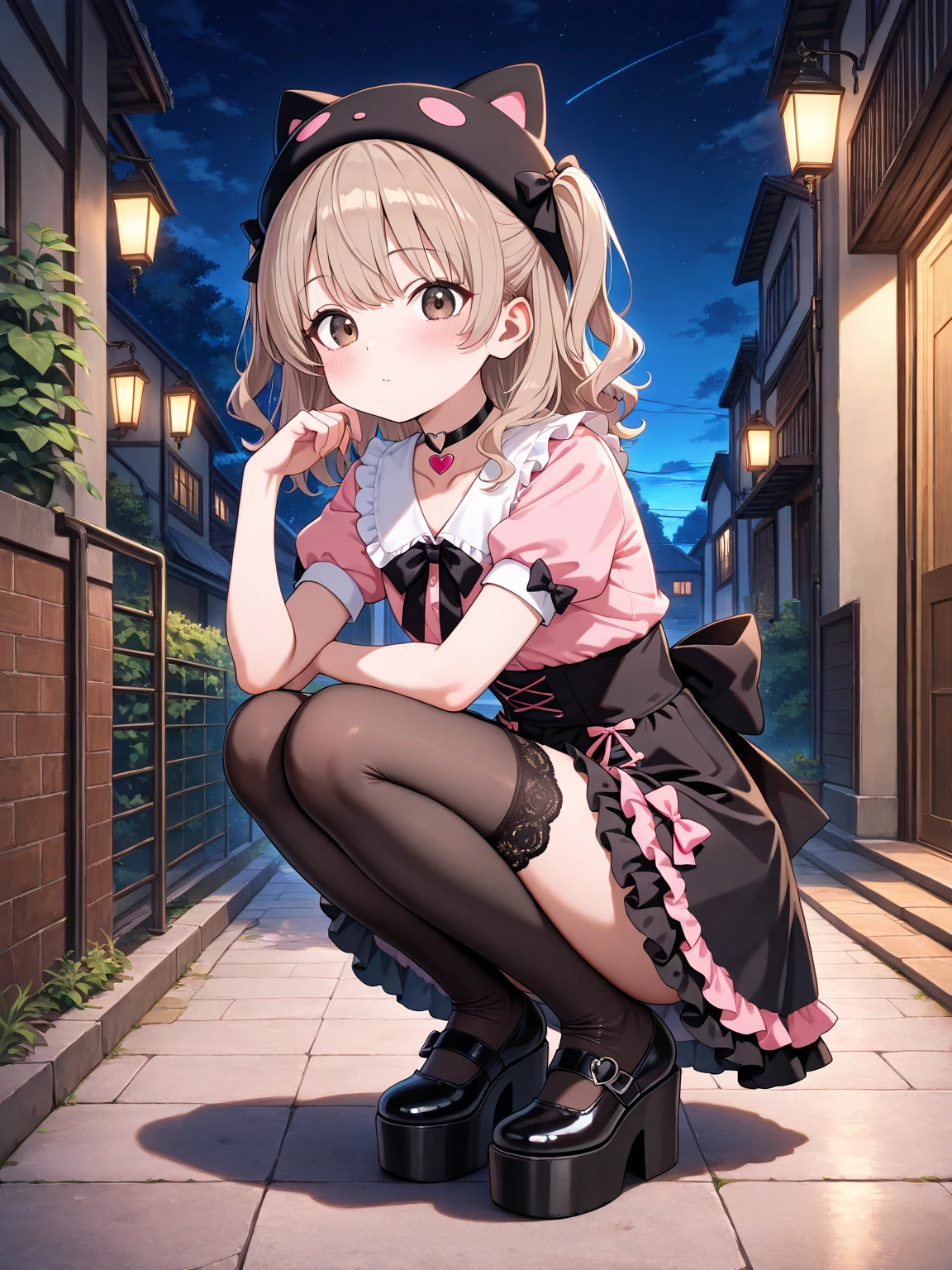 (Highest quality), (masterpiece), 1080P, High resolution, 4K, 8K, Selfie, Thigh straps, Shooting from directly below, spanning me, The woman on top of me, ((Nipples)), White panties, Gothic Lolita, White sweat, Covered , Sweaty, Woman looking down, To achieve this, 16 years old, Small breasts, Upper Body, Black leather shoes, Braided hair, Ear hair, Inner Color, Embarrassed face, Long purple hair, Yellow Eyes, bracelet, train