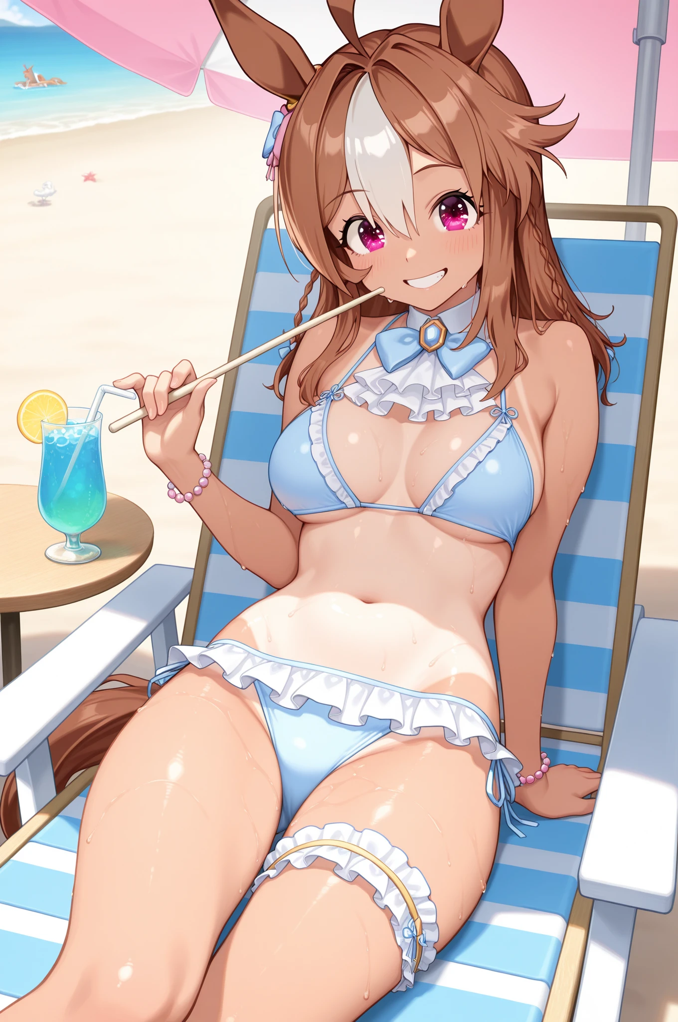 outdoors, swimsuit, breasts, beach, shorts, bikini, denim, long hair, blue eyes, looking at viewer, animal ears, denim shorts, solo focus, day, navel, smile, multiple girls, rabbit ears, parted lips, holding, short shorts, bare shoulders, medium breasts, cleavage, sitting, bare arms, stomach, blush, 2girls, collarbone, ocean, umbrella, very long hair, frills, sunlight, thighs, open fly, grey hair, beach umbrella, bottle, halterneck, beach chair, frilled bikini, cloud, string bikini, sky, sand, bangs, water, highleg, cutoffs, front-tie top, extra ears, animal ear fluff, blue shorts, blue sky, holding bottle, towel, lotion, grin, beach towel, lotion bottle, black bikini, front-tie bikini top, micro shorts, sunscreen, open clothes, white hair, 3girls, tan, cowboy shot, hand up, rabbit girl, torn shorts, chair, highleg bikini, lips, open shorts, large breasts, unbuttoned, horizon, sidelocks, bikini top only, dark skin, teeth, blue bikini, shiny, dutch angle, dark-skinned female, light rays, 1girl, armpit crease, lounge chair, shadow, bare legs, shade, white bikini, open mouth, arm support, blanket, black hair, shiny skin, fingernails, brown hair, tanlines, solo, midriff, bikini under clothes, parasol, torn clothes, ass, standing, nail polish, underwear, black shorts, strap gap, skindentation, kneeling, seiza, mole, pink hair, cloudy sky, head tilt, 1boy, short hair, bow, panties, :d, grey bikini, unzipped, white background, lens flare, groin, simple background, red hair, sunbeam, water bottle, out of frame, dappled sunlight, hair between eyes, shiny hair, shore, no shirt, grey shorts, small breasts, reisen udongein inaba, closed mouth, viera, cooler, sun,